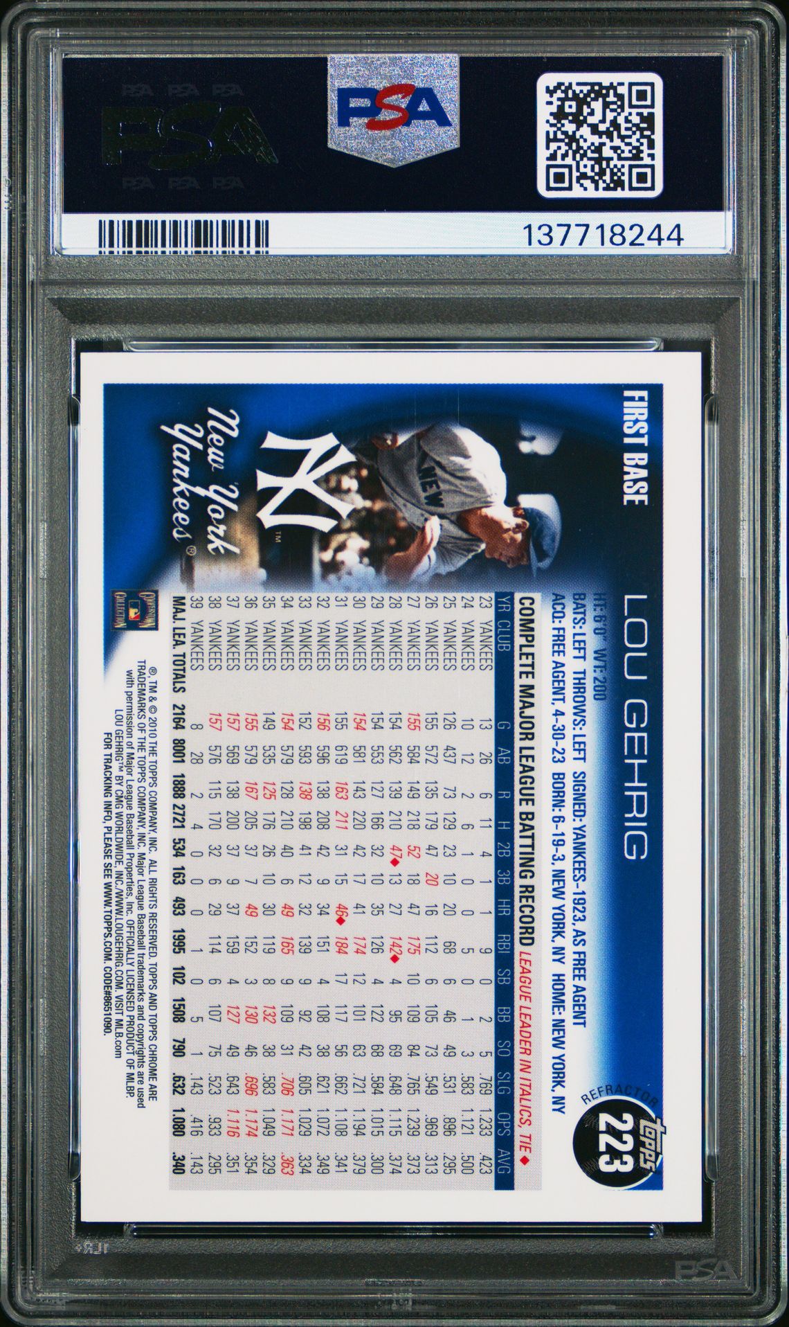 2010 Topps Chrome Wrapper Redemption Lou Gehrig #223 (Wrapper Redemption-Ref.) Mint 9 back