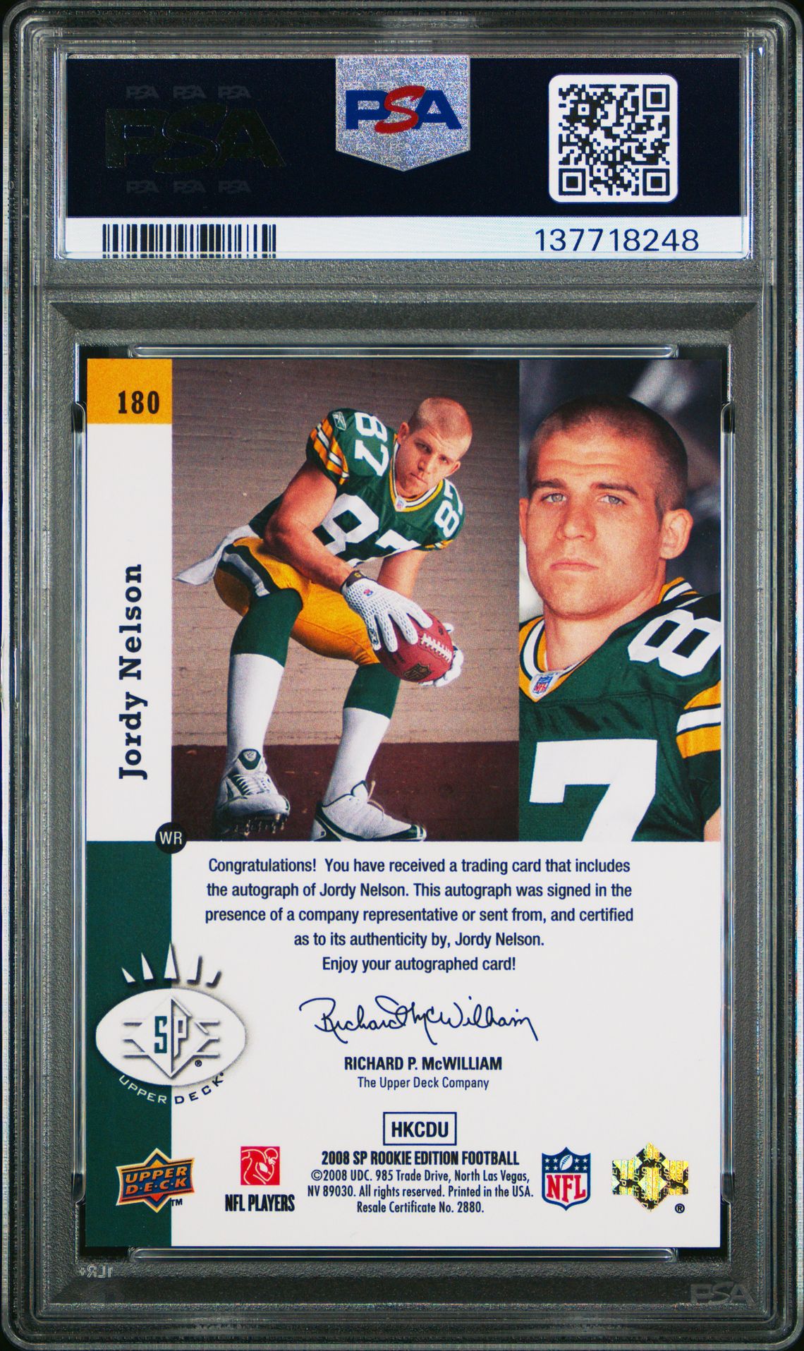 2008 Sp Rookie Edition Jordy Nelson #180 ('93 Sp Rookie Design-Auto) Mint 9 back