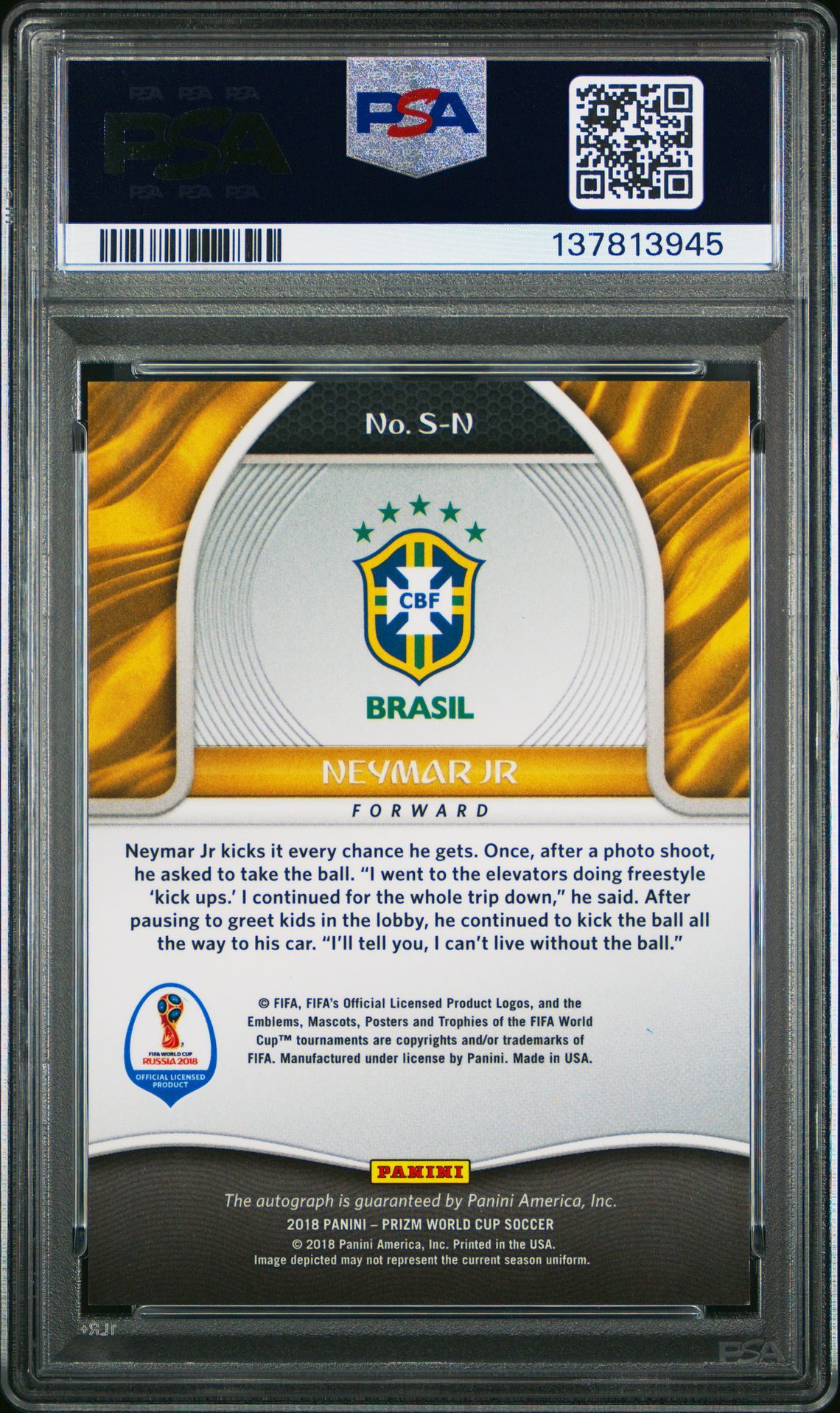 2018 Panini Prizm World Cup Signatures Neymar Jr. #S-N (Signatures) Mint 9 back