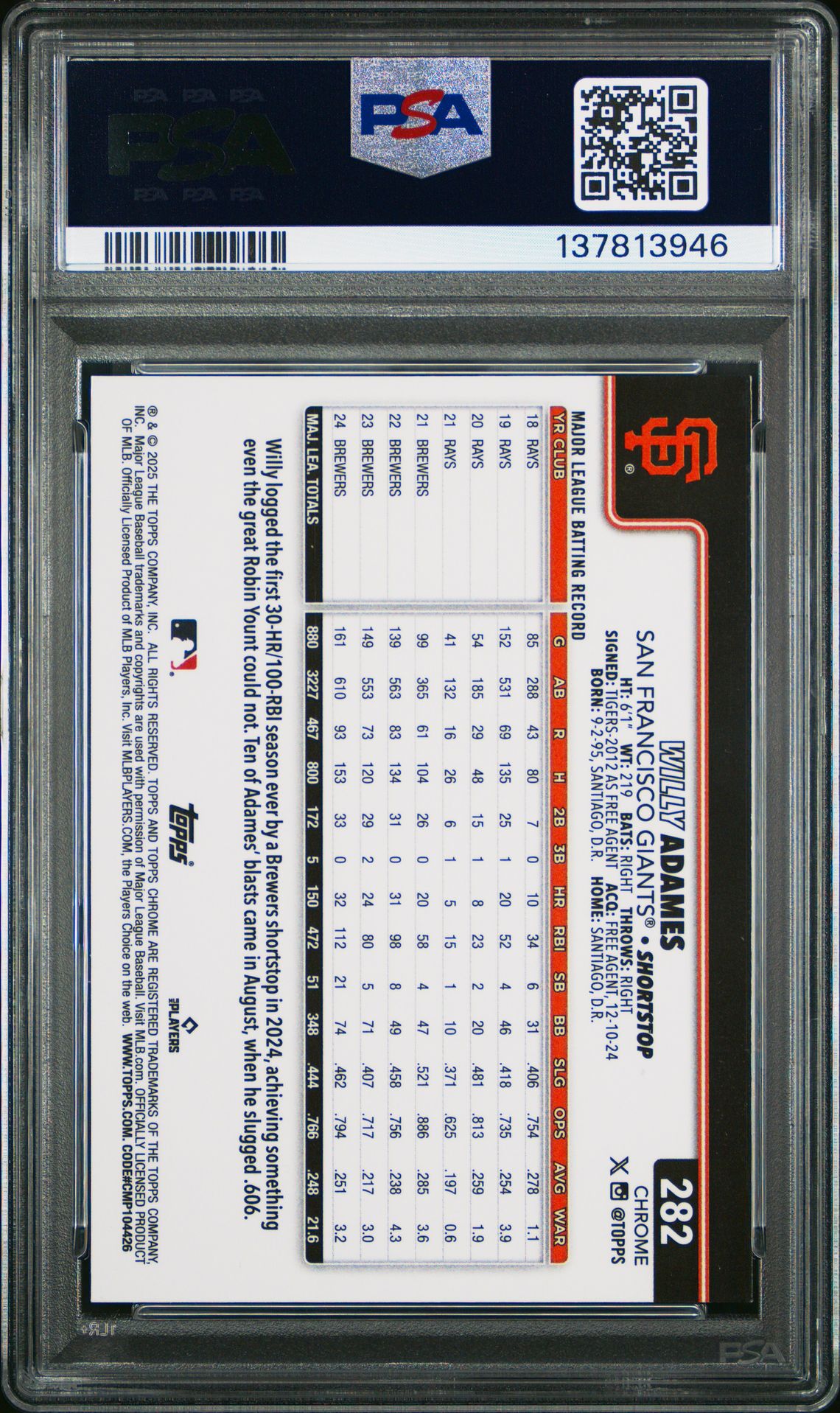 2025 Topps Chrome Logofractor Edition Willy Adames #282 (Green Refractor) Mint 9 back