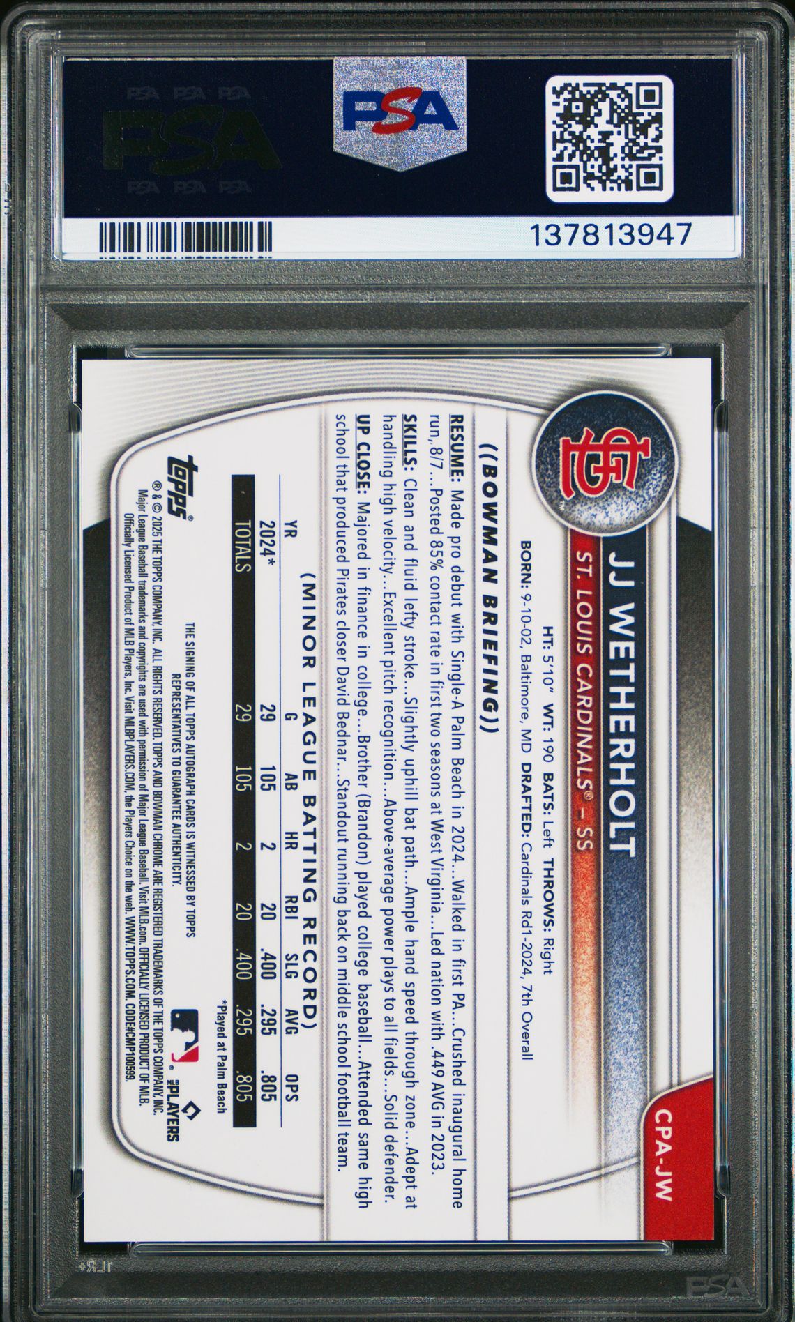 2025 Bowman Chrome Prospect Autographs Jj Wetherholt #Cpajw (Chrome Pros Au-Purple Ref) Gem Mt 10 back