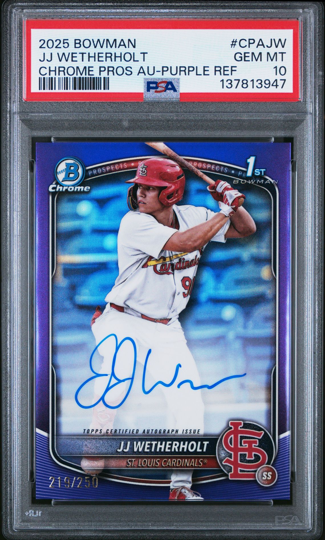 2025 Bowman Chrome Prospect Autographs Jj Wetherholt #Cpajw (Chrome Pros Au-Purple Ref) Gem Mt 10 front