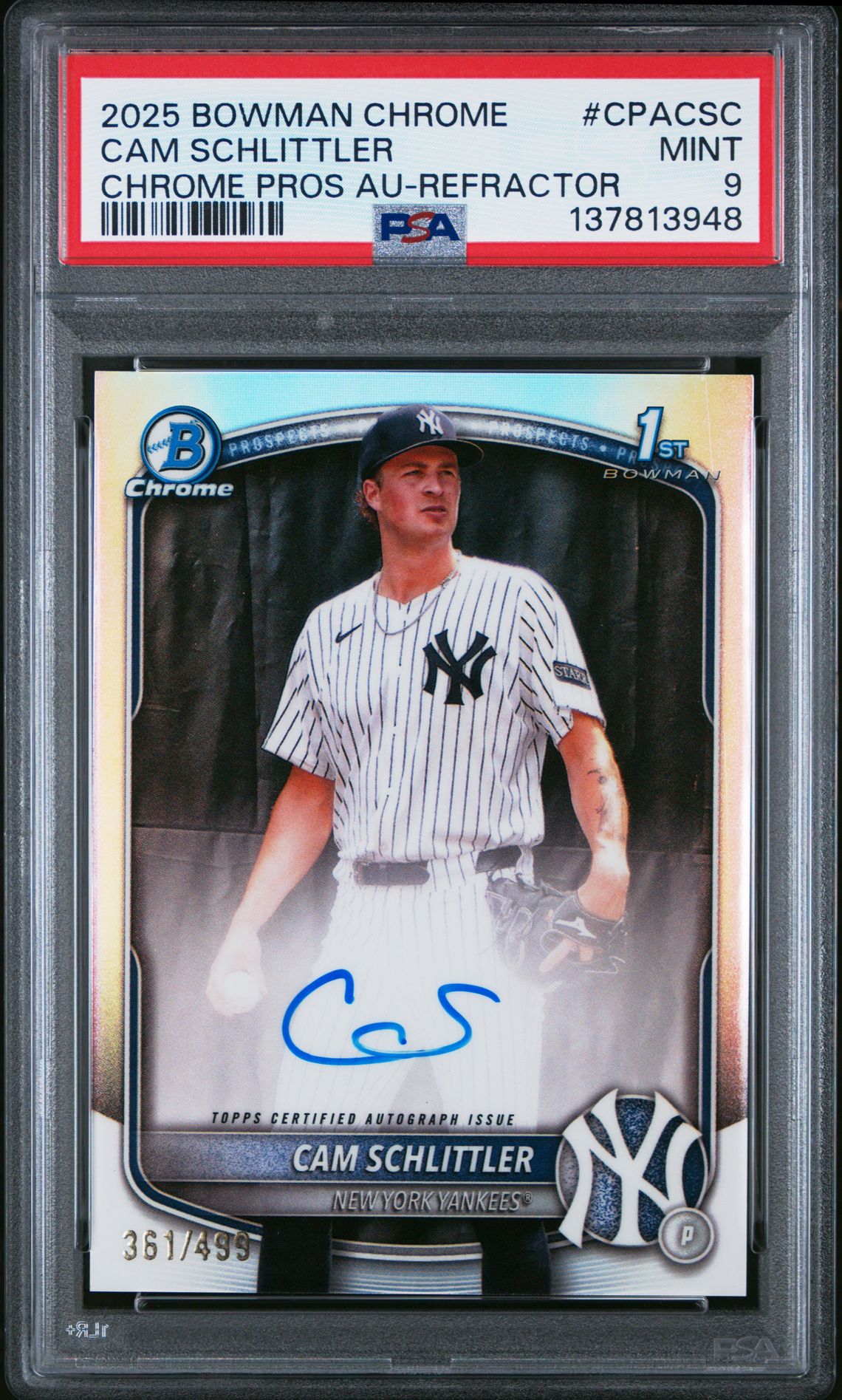 2025 Bowman Chrome Prospect Autographs Cam Schlittler #Cpacsc (Chrome Pros Au-Refractor) Mint 9 front