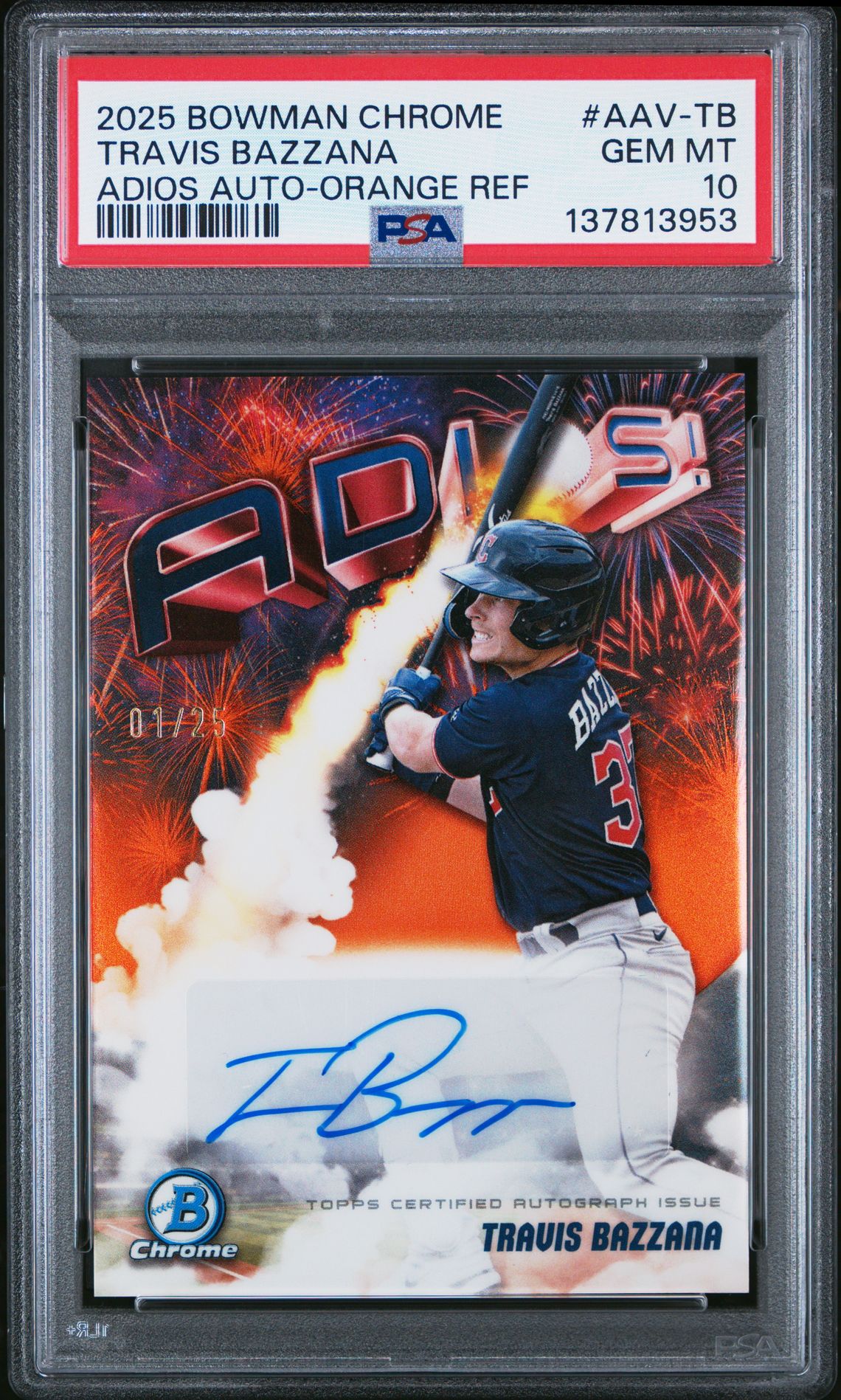 2025 Bowman Chrome Adios Autographs Travis Bazzana #Aav-Tb (Adios Auto-Orange Ref) Gem Mt 10 front