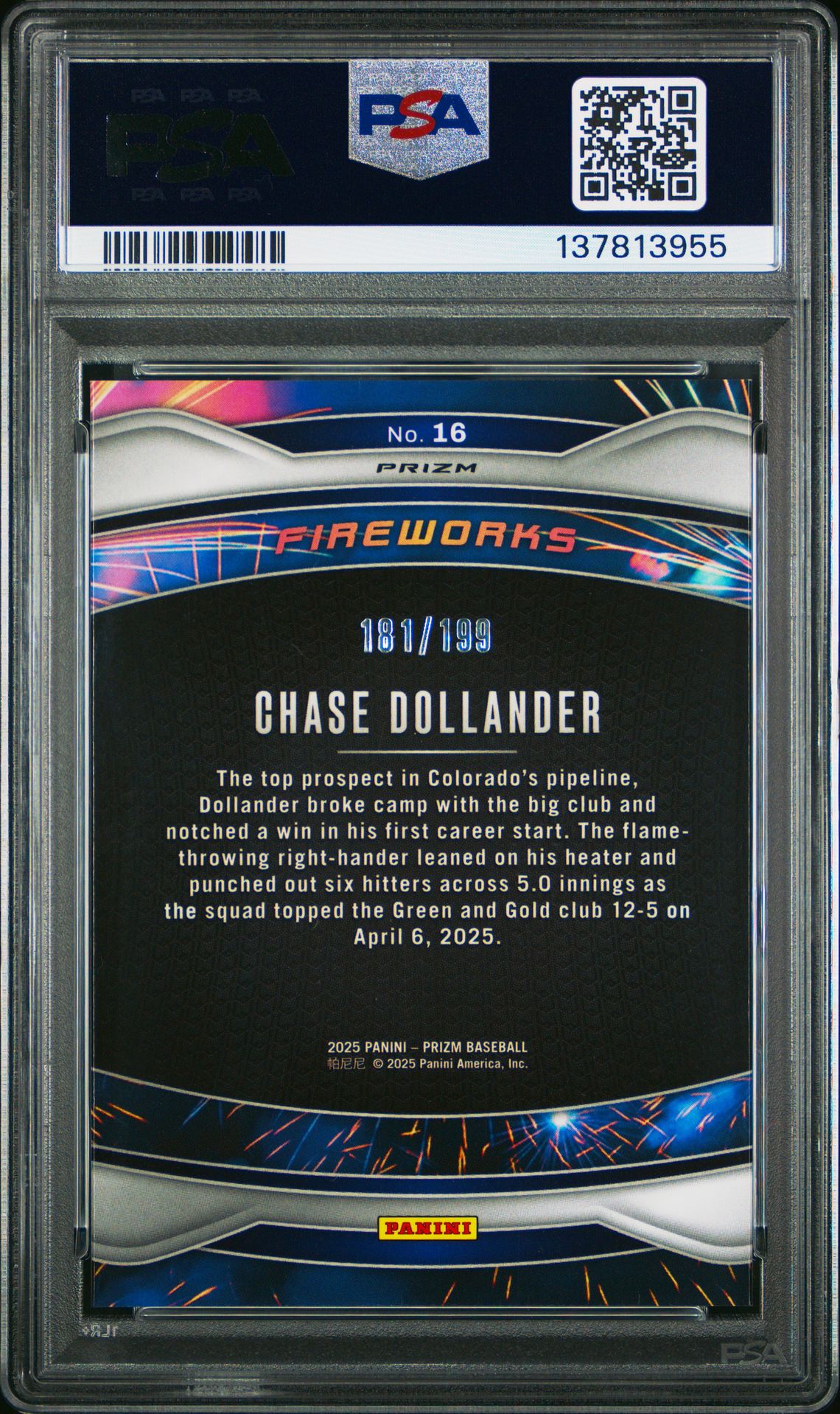 2025 Panini Prizm Fireworks Chase Dollander #16 (Fireworks-Red Prizm) Gem Mt 10 back