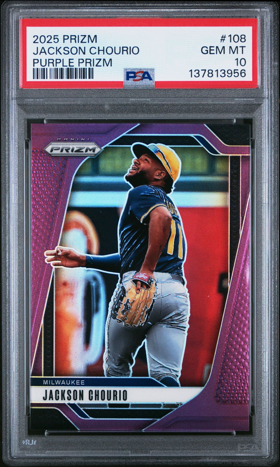 2025 Panini Prizm Jackson Chourio #108 (Purple Prizm) Gem Mt 10 front