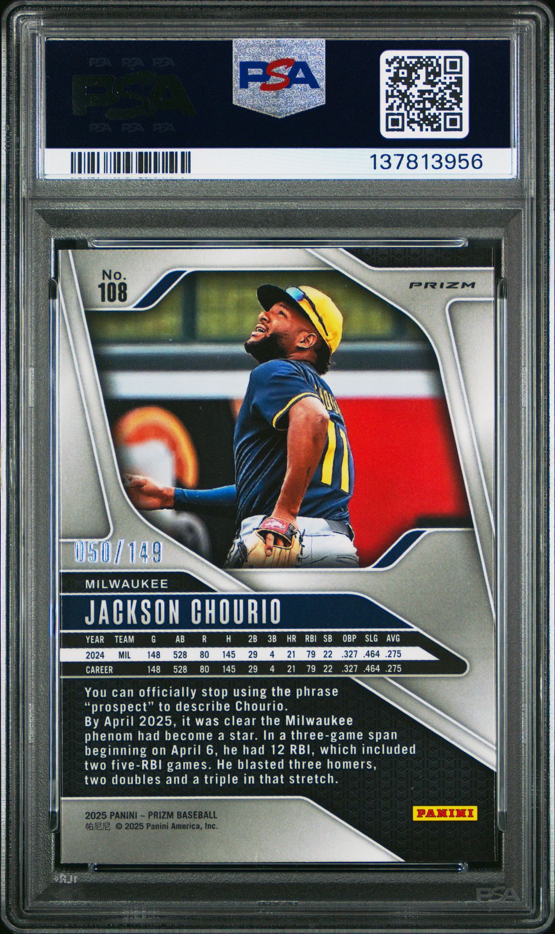 2025 Panini Prizm Jackson Chourio #108 (Purple Prizm) Gem Mt 10 back