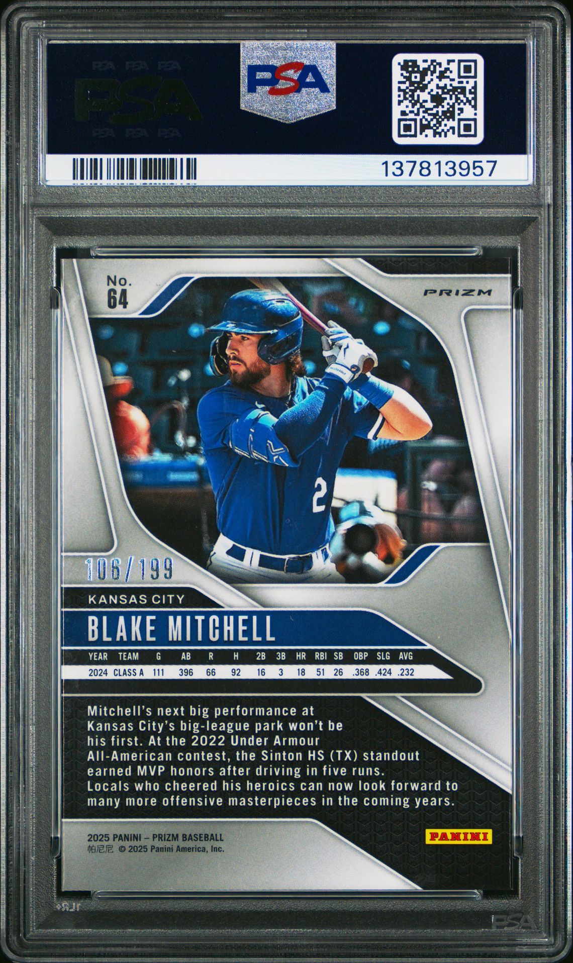 2025 Panini Prizm Blake Mitchell #64 (Blue Prizm) Nm-Mt 8 back