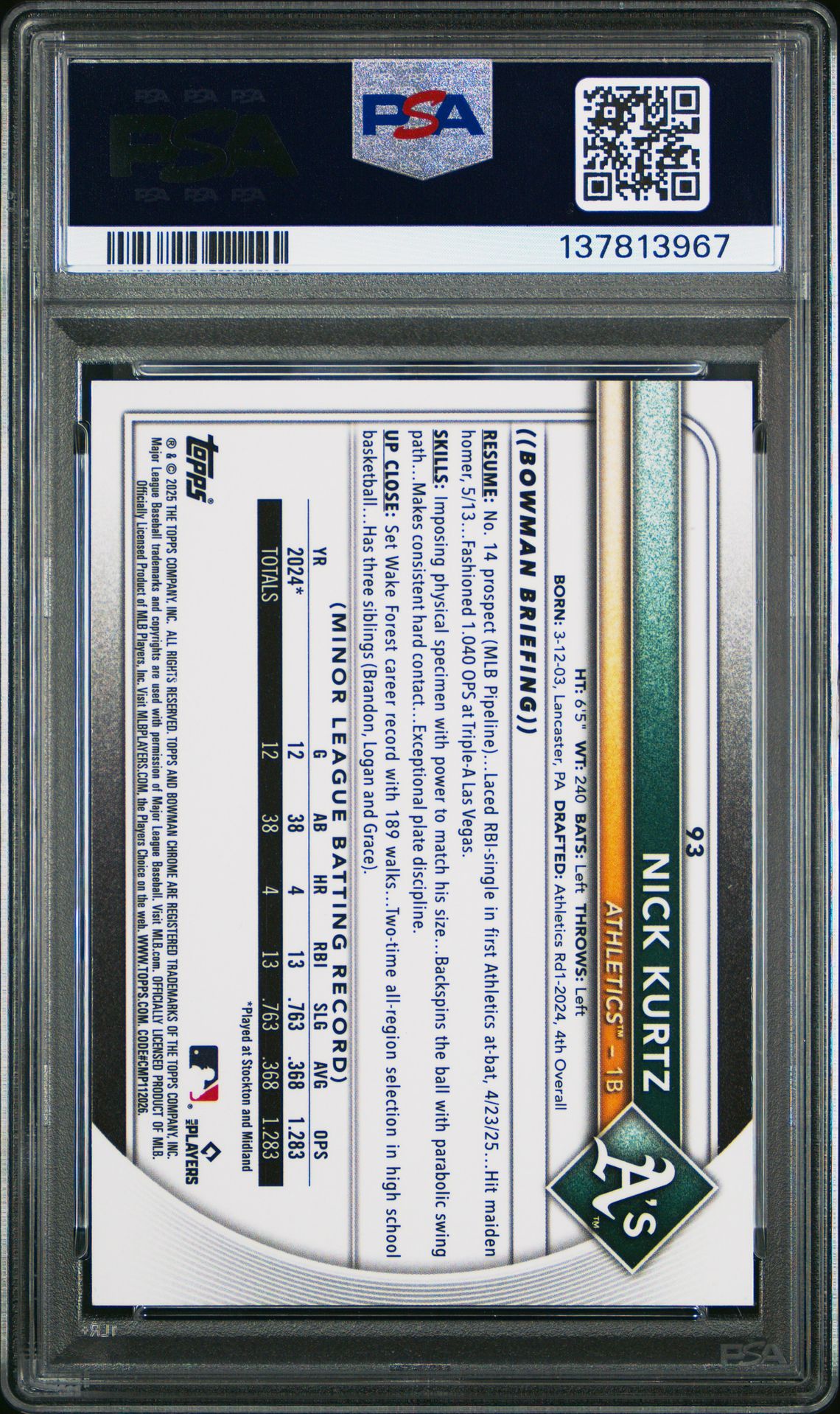 2025 Bowman Chrome Nick Kurtz #93 (Blue Wave) Gem Mt 10 back