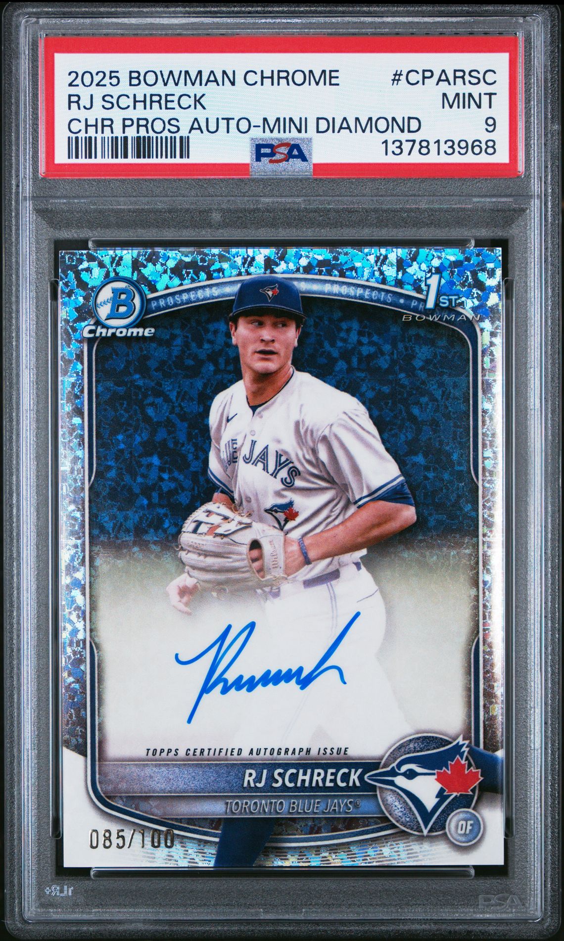 2025 Bowman Chrome Prospect Autographs Rj Schreck #Cparsc (Chr Pros Auto-Mini Diamond) Mint 9 front