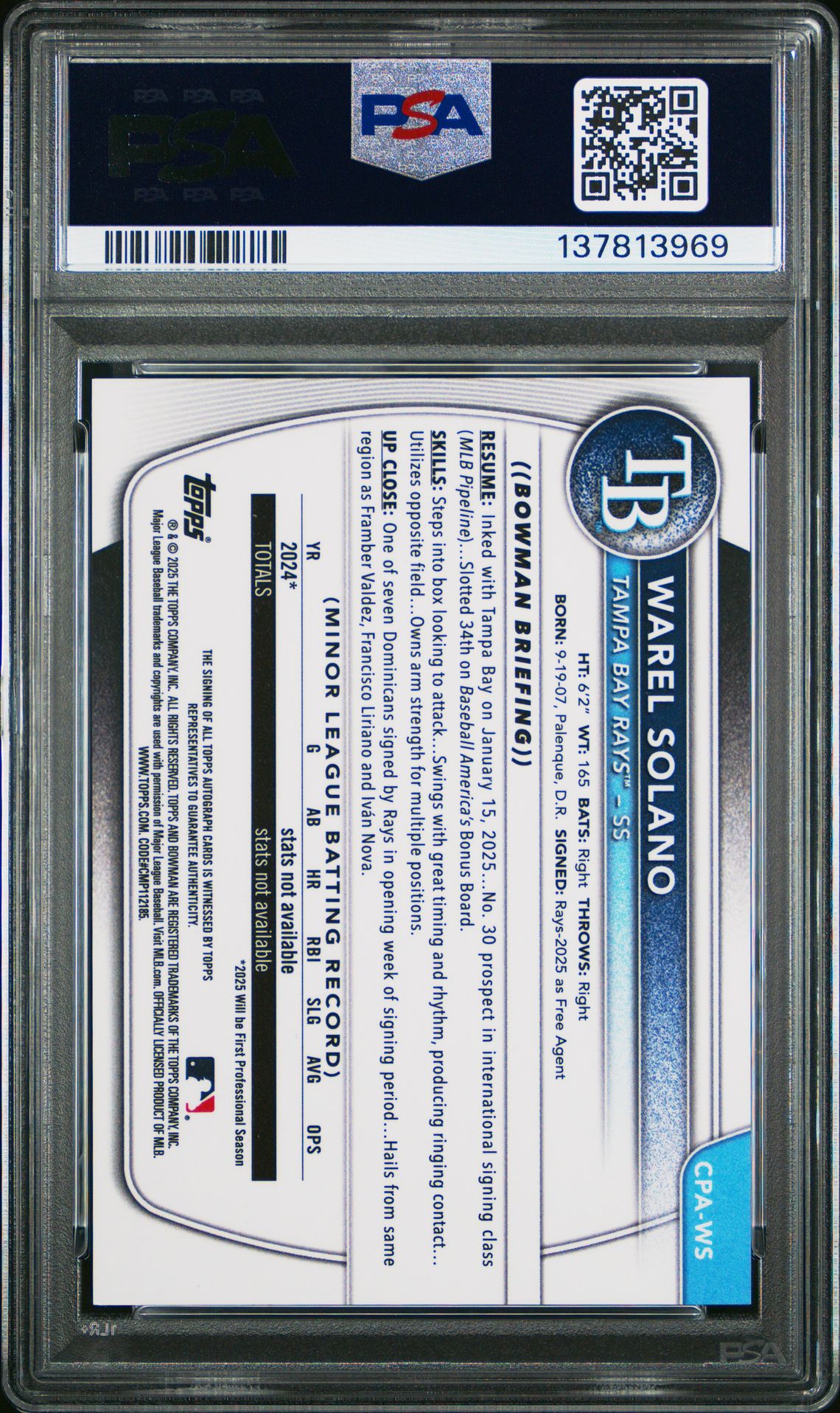 2025 Bowman Chrome Prospect Autographs Warel Solano #Cpaws (Chr Pros Auto-Hta Choice) Mint 9 back