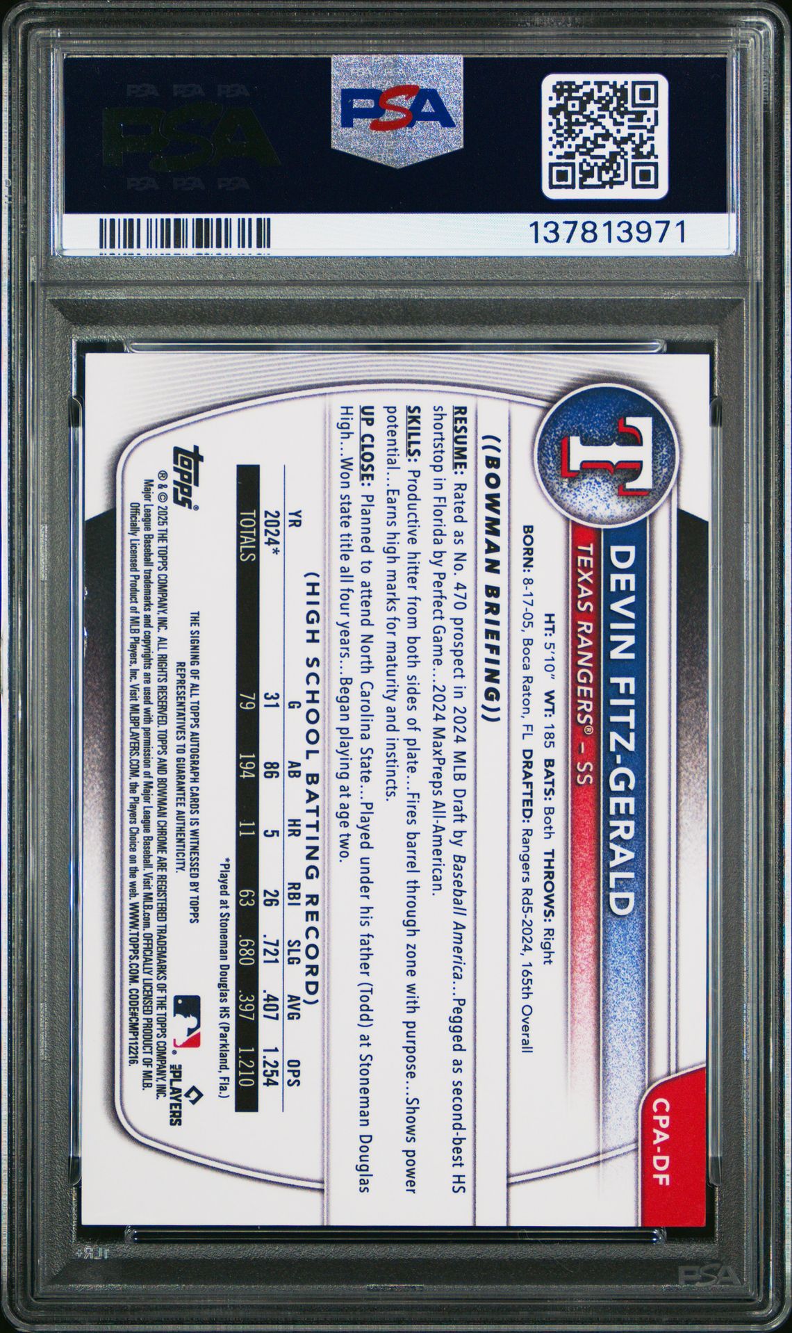 2025 Bowman Chrome Prospect Autographs Devin Fitz-Gerald #Cpadf Mint 9 back