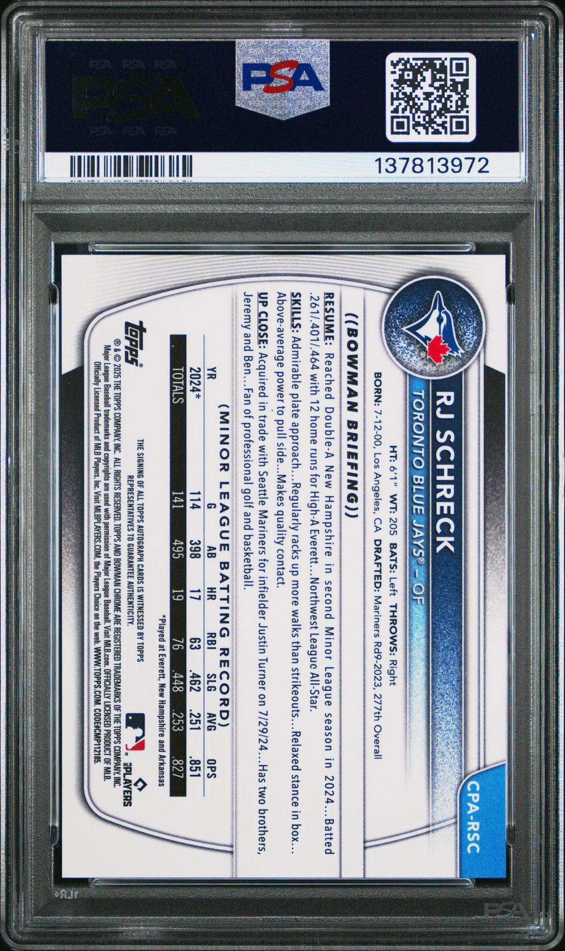 2025 Bowman Chrome Prospect Autographs Rj Schreck #Cparsc Gem Mt 10 back