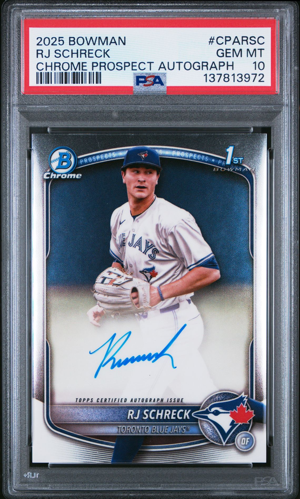 2025 Bowman Chrome Prospect Autographs Rj Schreck #Cparsc Gem Mt 10 front