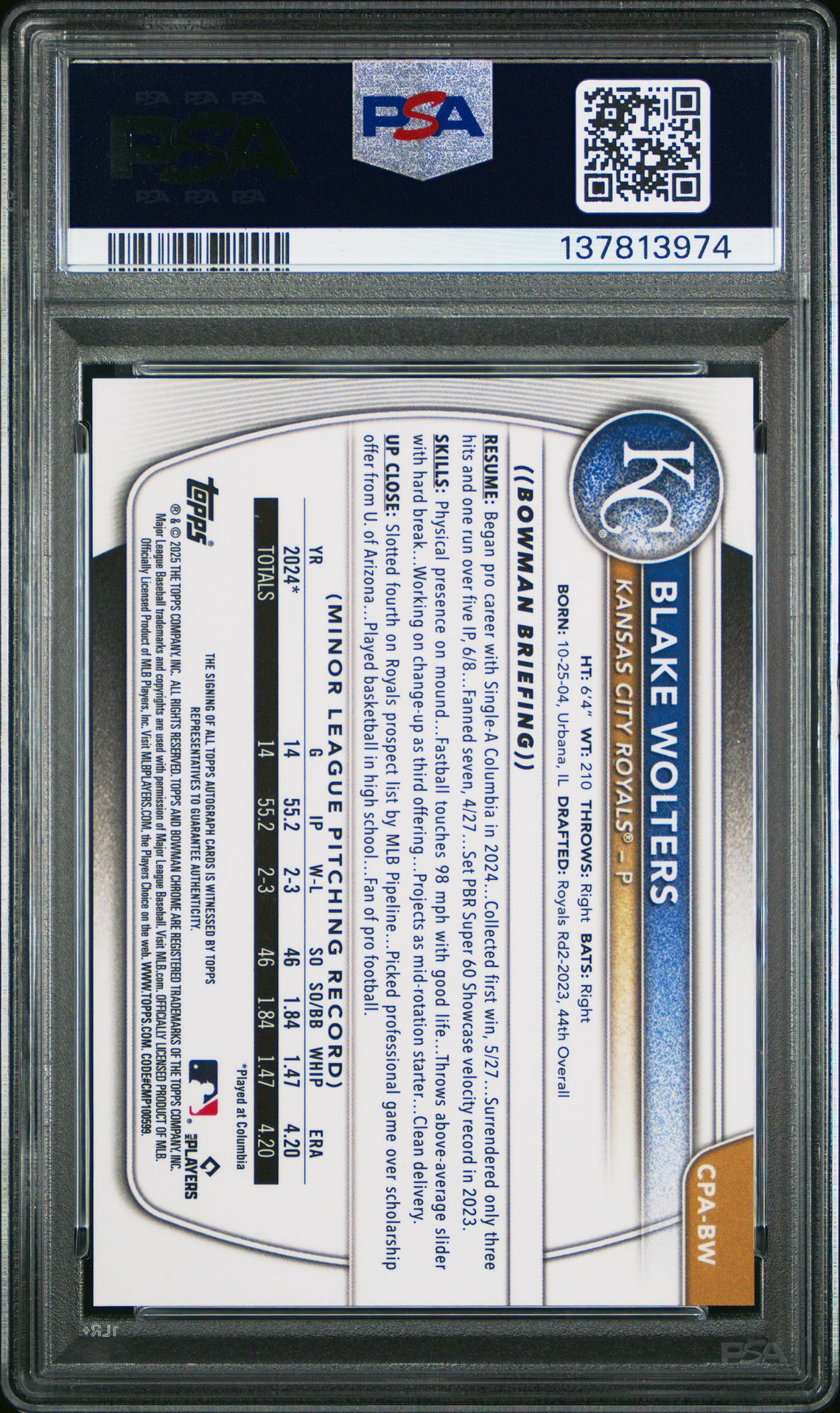 2025 Bowman Chrome Prospect Autographs Blake Wolters #Cpabw Gem Mt 10 back