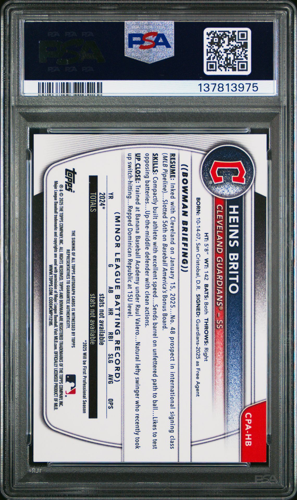 2025 Bowman Chrome Prospect Autographs Heins Brito #Cpahb Mint 9 back