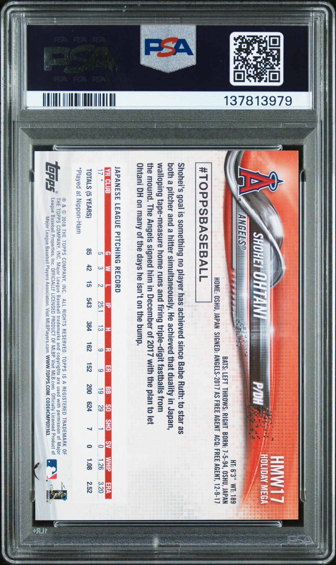 2018 Topps Holiday Shohei Ohtani #17 Mint 9 back