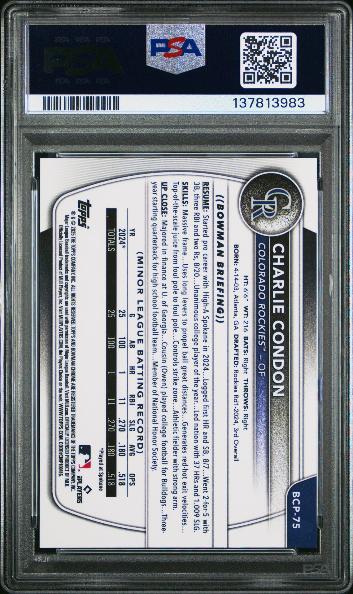 2025 Bowman Chrome Prospects Charlie Condon #Bcp75 (Chrome Pros-Gold Ref) Gem Mt 10 back