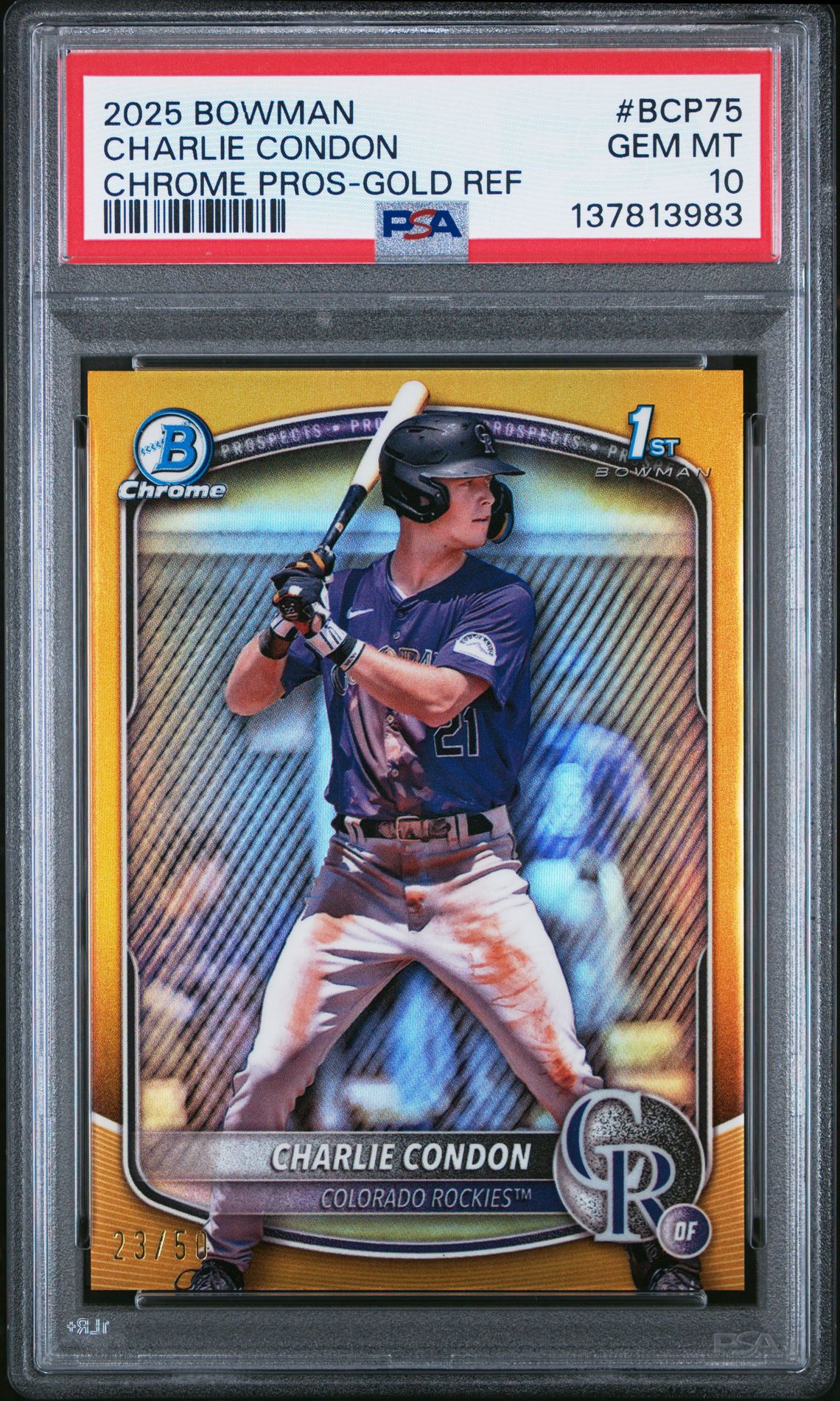 2025 Bowman Chrome Prospects Charlie Condon #Bcp75 (Chrome Pros-Gold Ref) Gem Mt 10 front