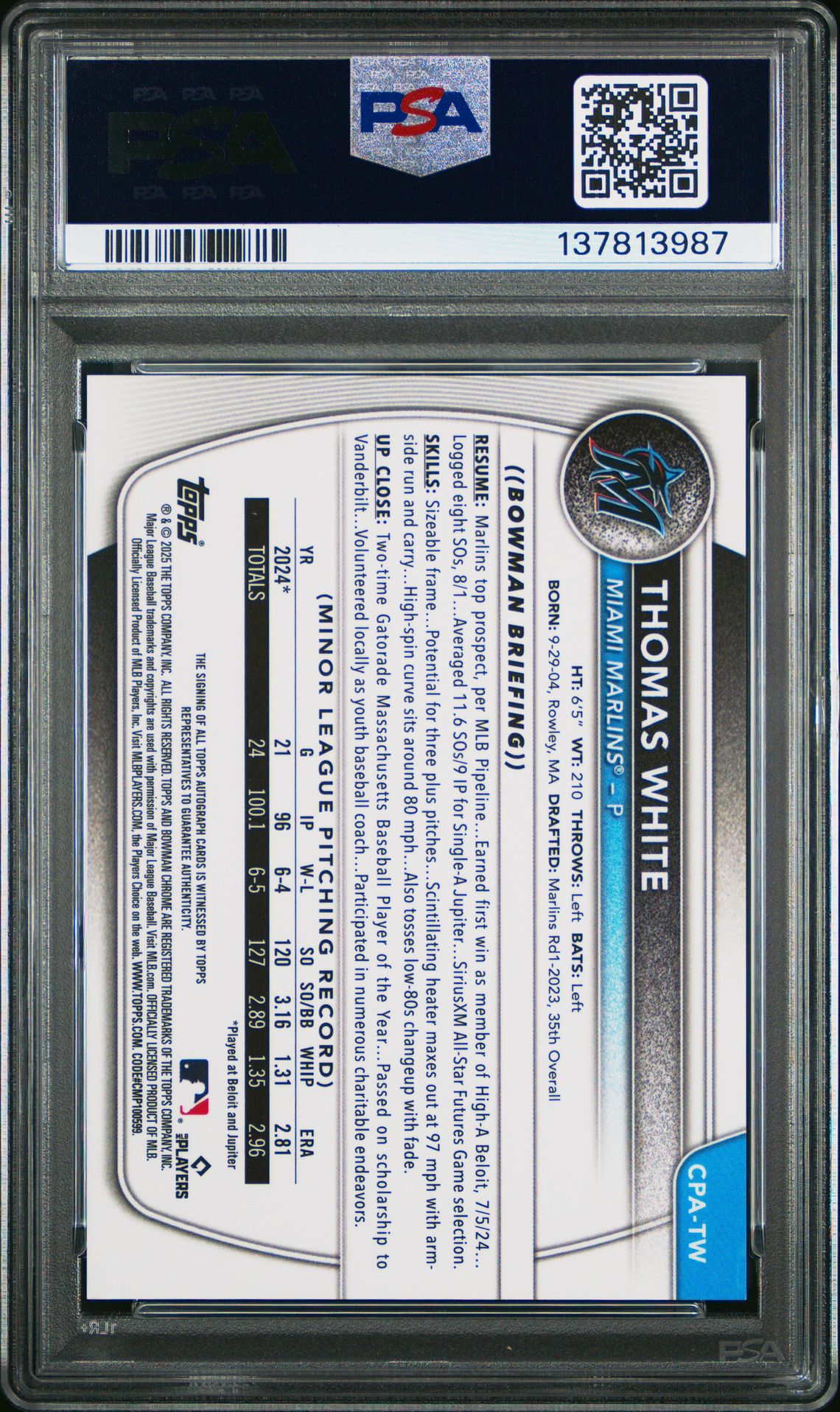 2025 Bowman Chrome Prospect Autographs Thomas White #Cpatw (Chrome Pros Au-Speckle Ref) Mint 9 back