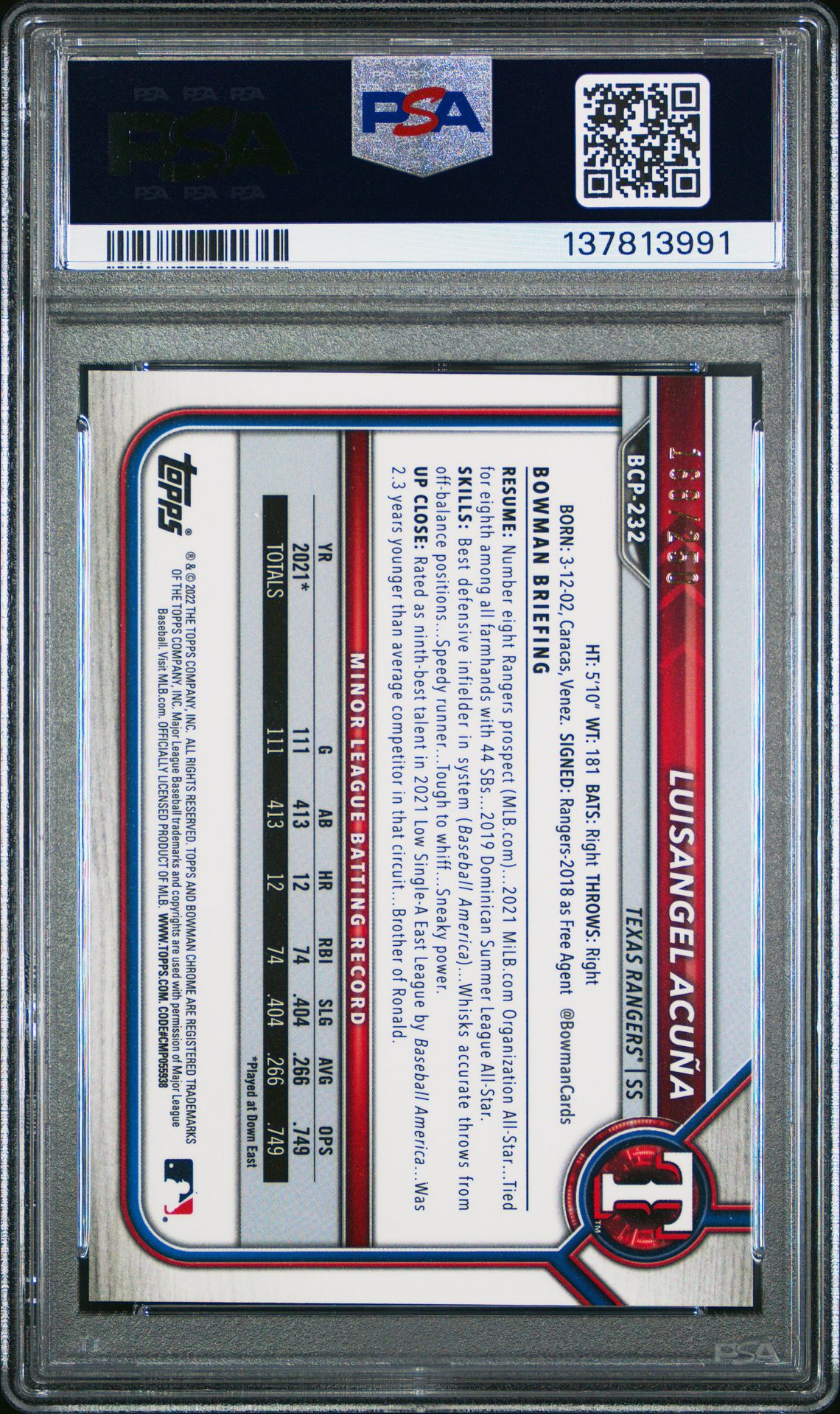 2022 Bowman Mega Box Chrome Luisangel Acuna #232 (Purple Refractor) Mint 9 back