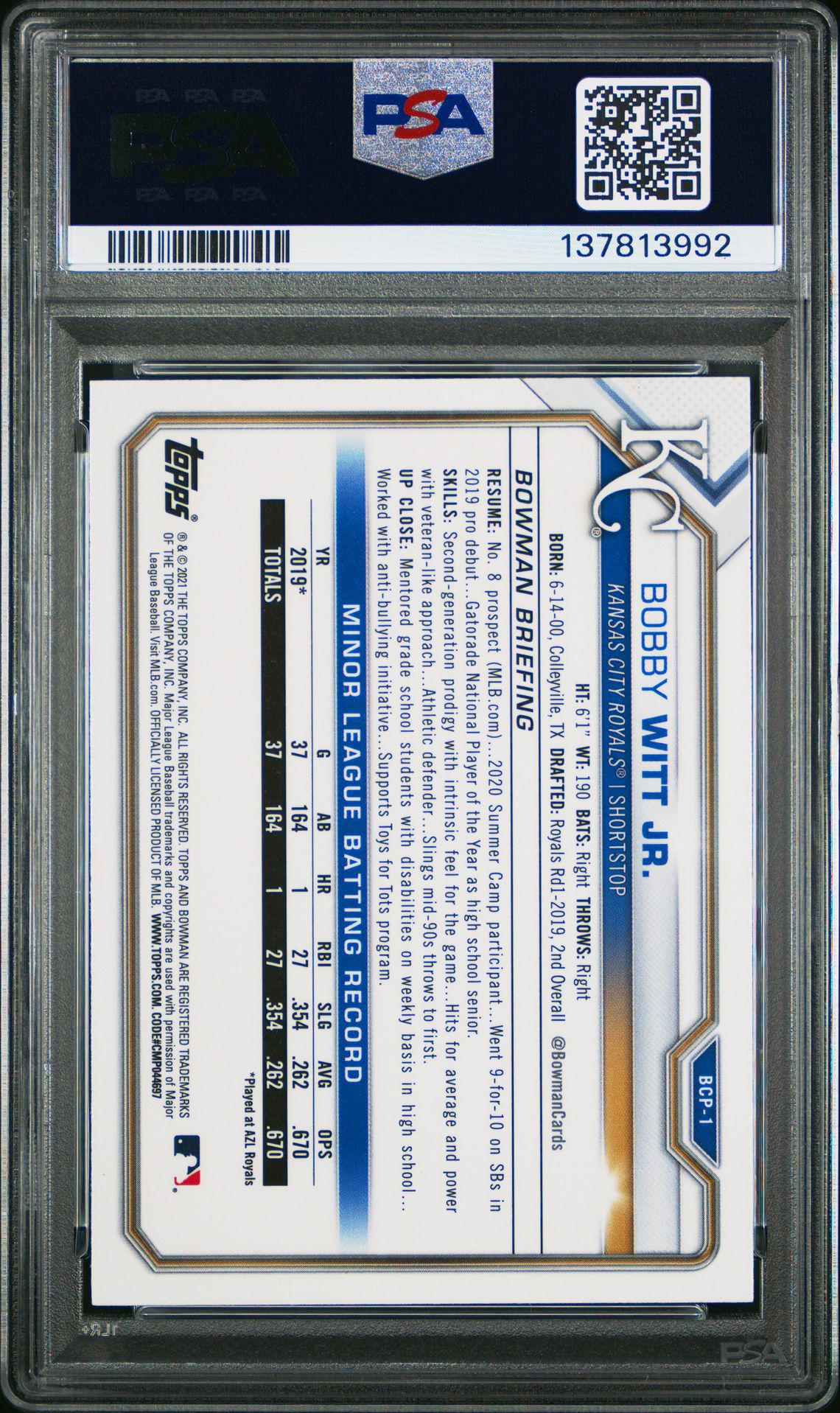 2021 Bowman Mega Box Chrome Bobby Witt Jr. #Bcp1 (Chrome) Mint 9 back