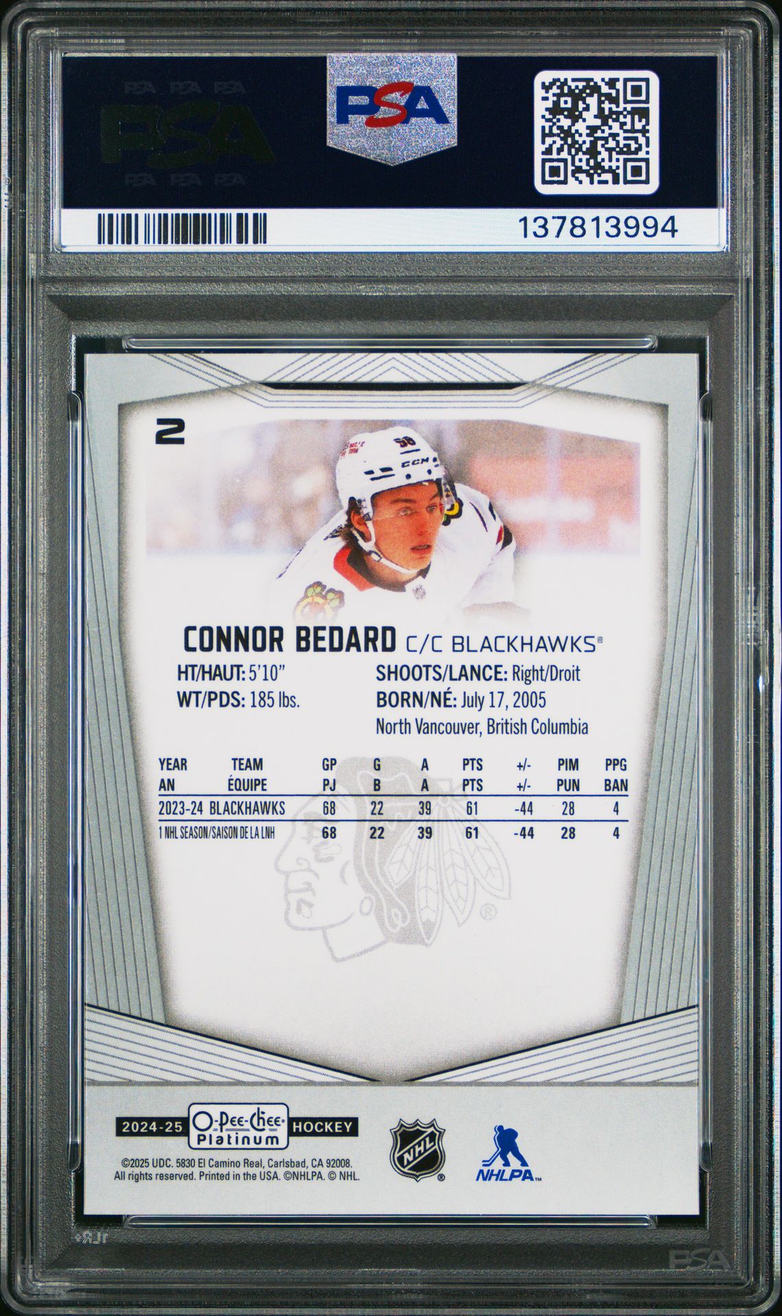 2024 Upper Deck O-Pee-Chee Platinum Connor Bedard #2 Gem Mt 10 back