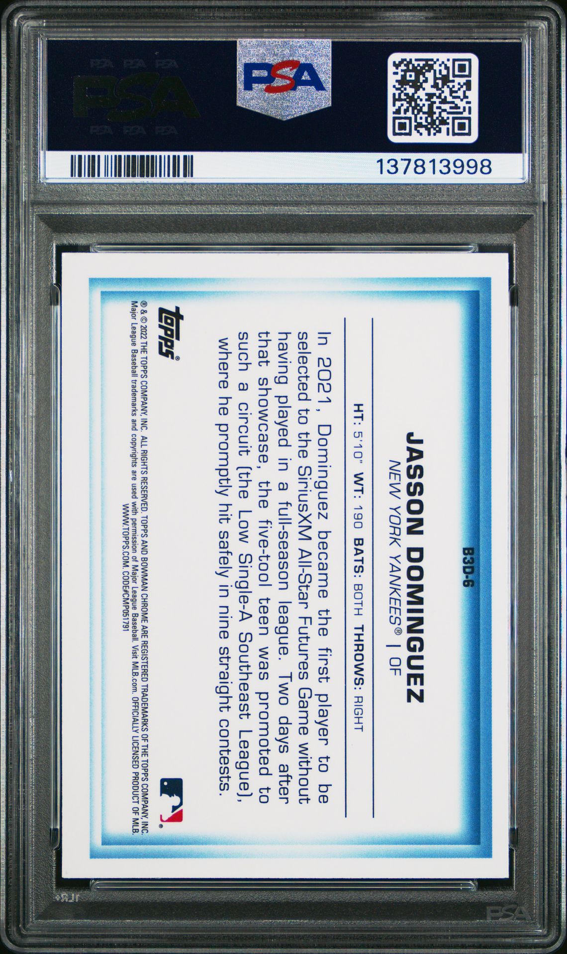 2022 Bowman Chrome Bowman In 3-D! Jasson Dominguez #B3D6 (Chrome Bowman In 3-D!) Mint 9 back