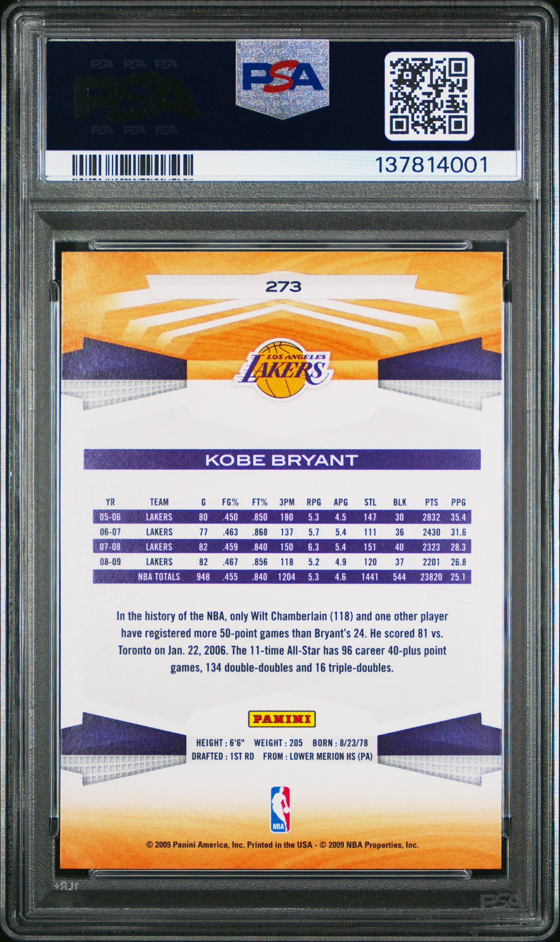 2009 Panini Kobe Bryant #273 Mint 9 back