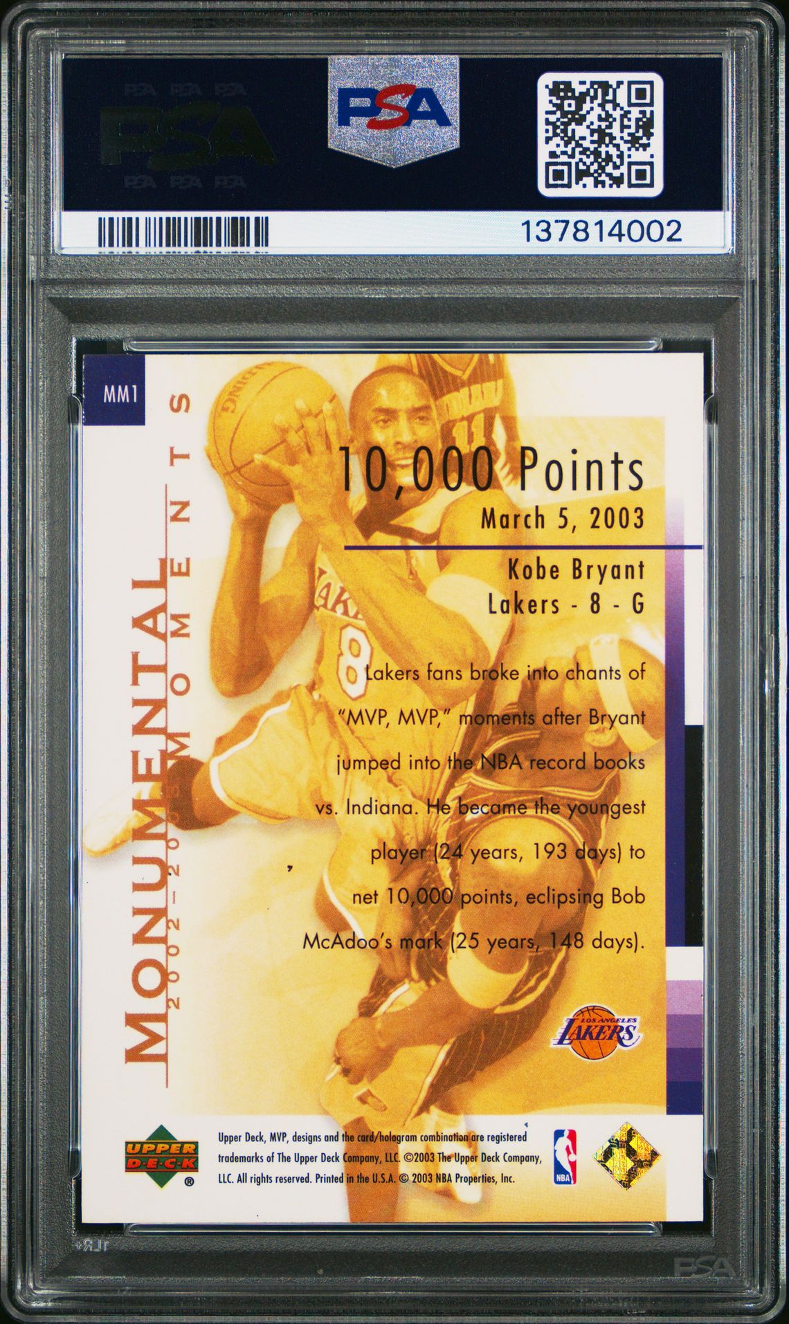 2003 Upper Deck Mvp Monumental Moments Kobe Bryant #Mm1 (Monumental Moments) Nm-Mt 8 back