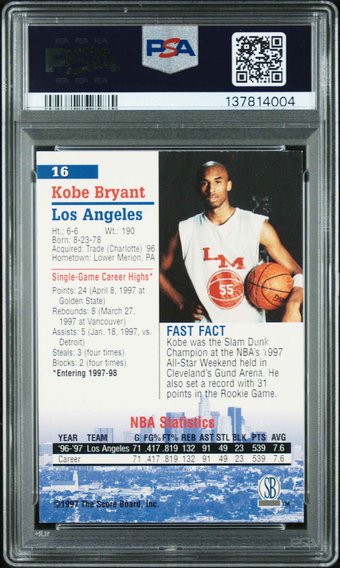 1997 Score Board Autographed Collection Kobe Bryant #16 (Auto.coll-Strongbox) Nm 7 back