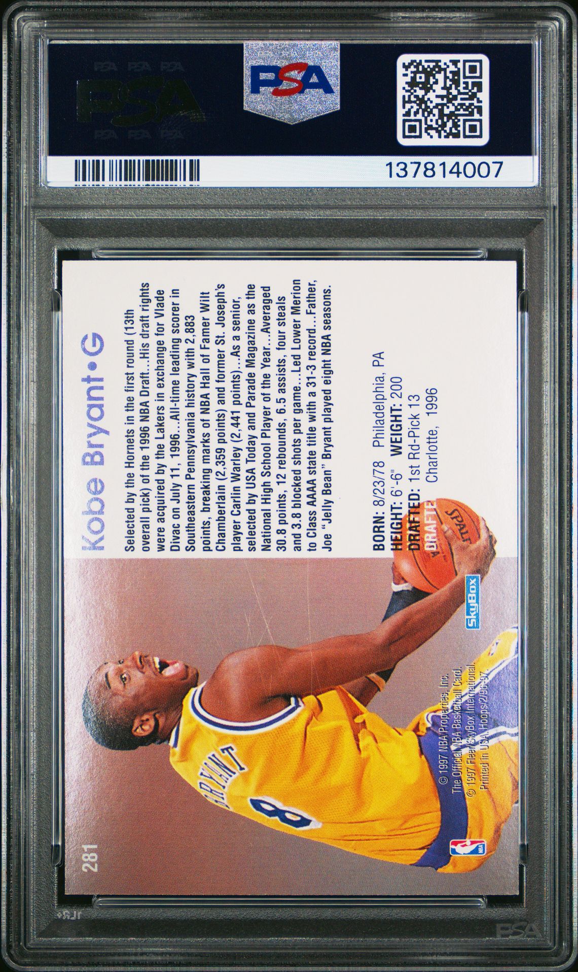 1996 Hoops Kobe Bryant #281 Ex-Mt 6 back