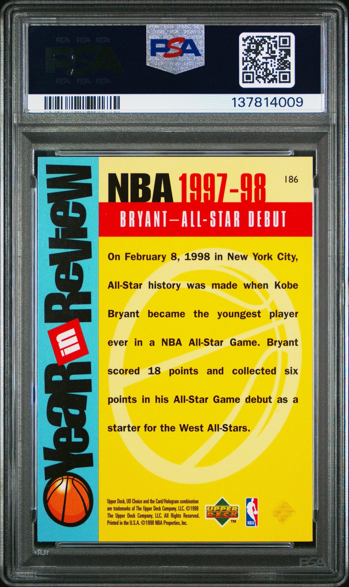 1998 Ud Choice Kobe Bryant #186 Mint 9 back