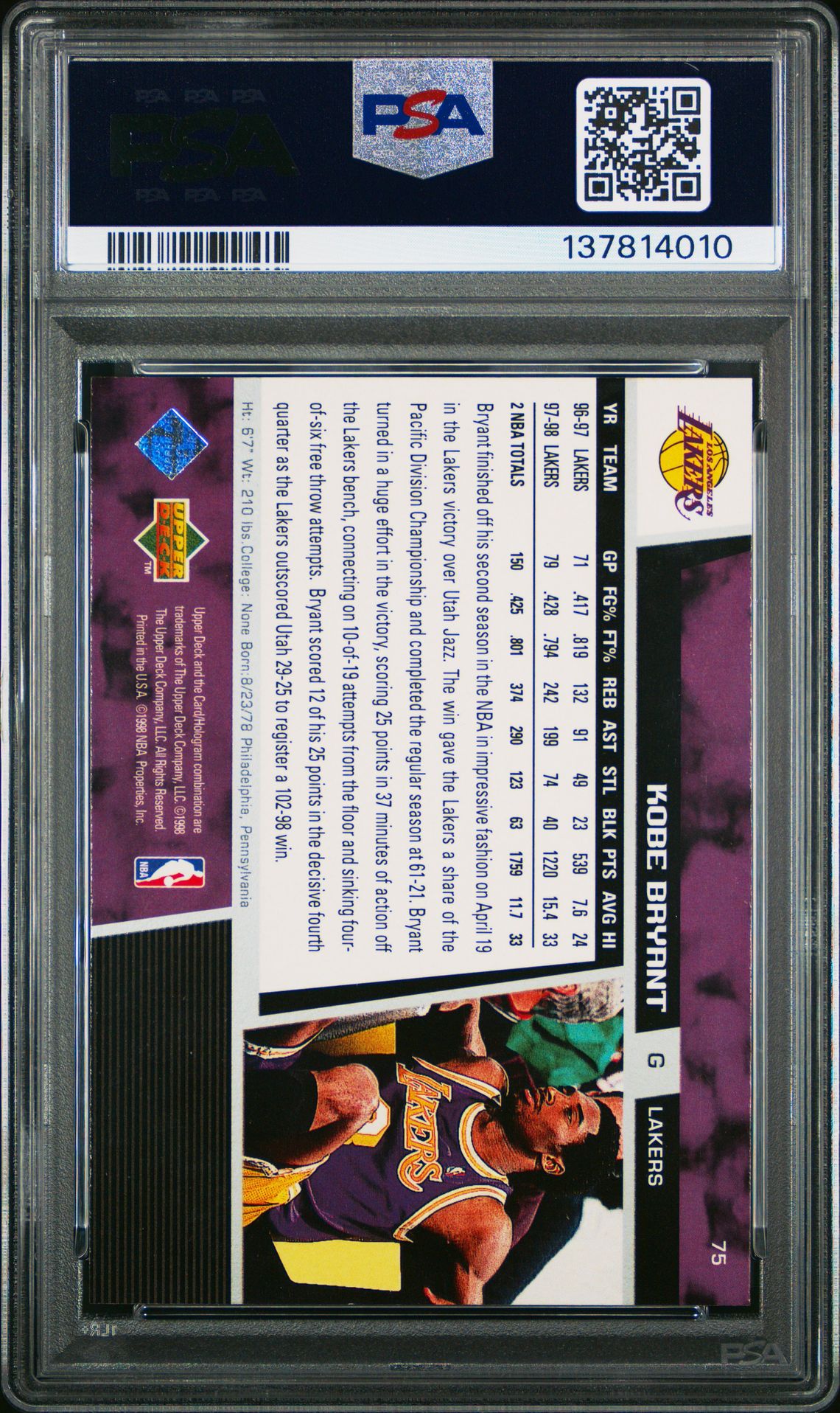 1998 Upper Deck Kobe Bryant #75 Nm-Mt+ 8.5 back