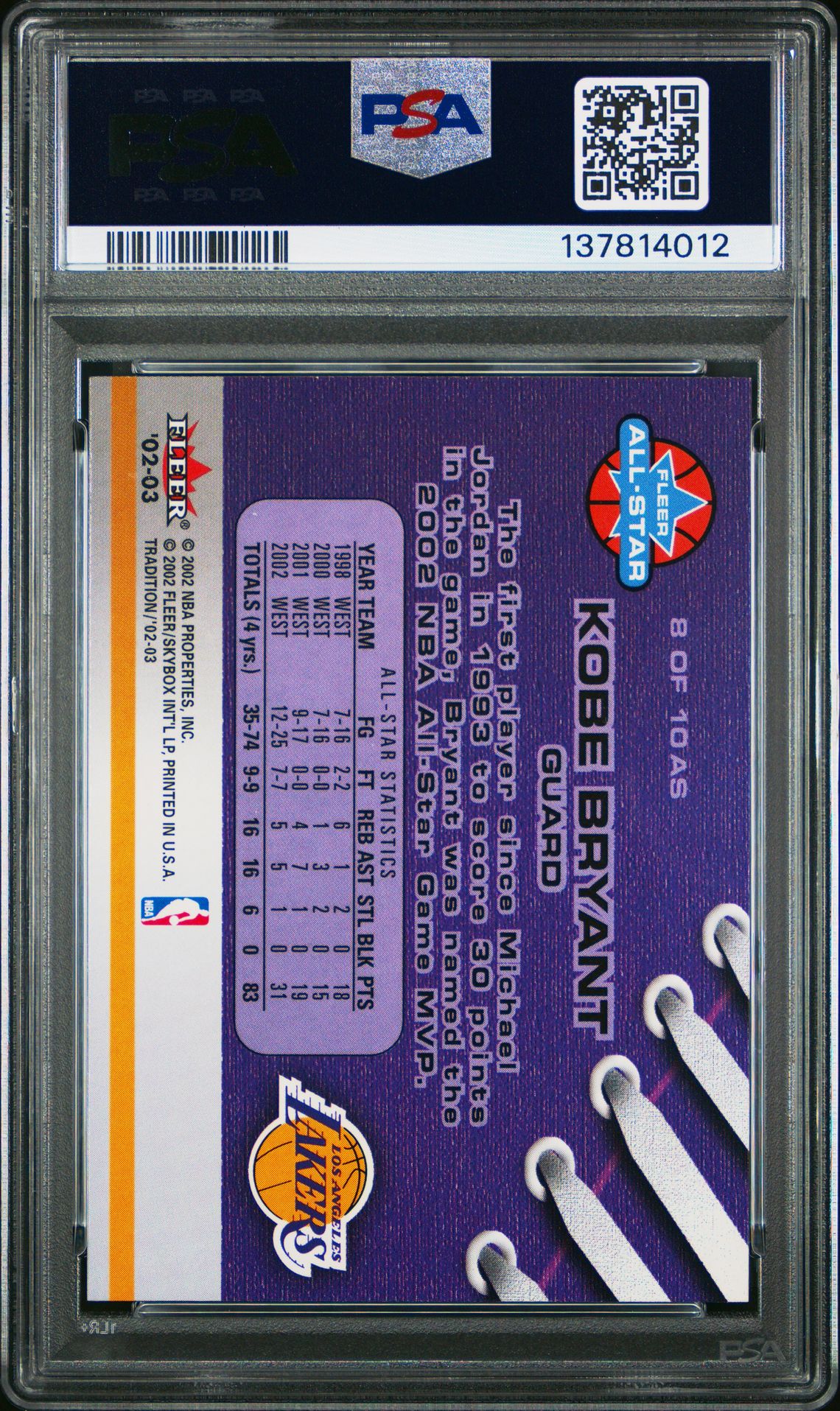 2002 Fleer Tradition All-Stars Kobe Bryant #8 (All-Stars) Gem Mt 10 back