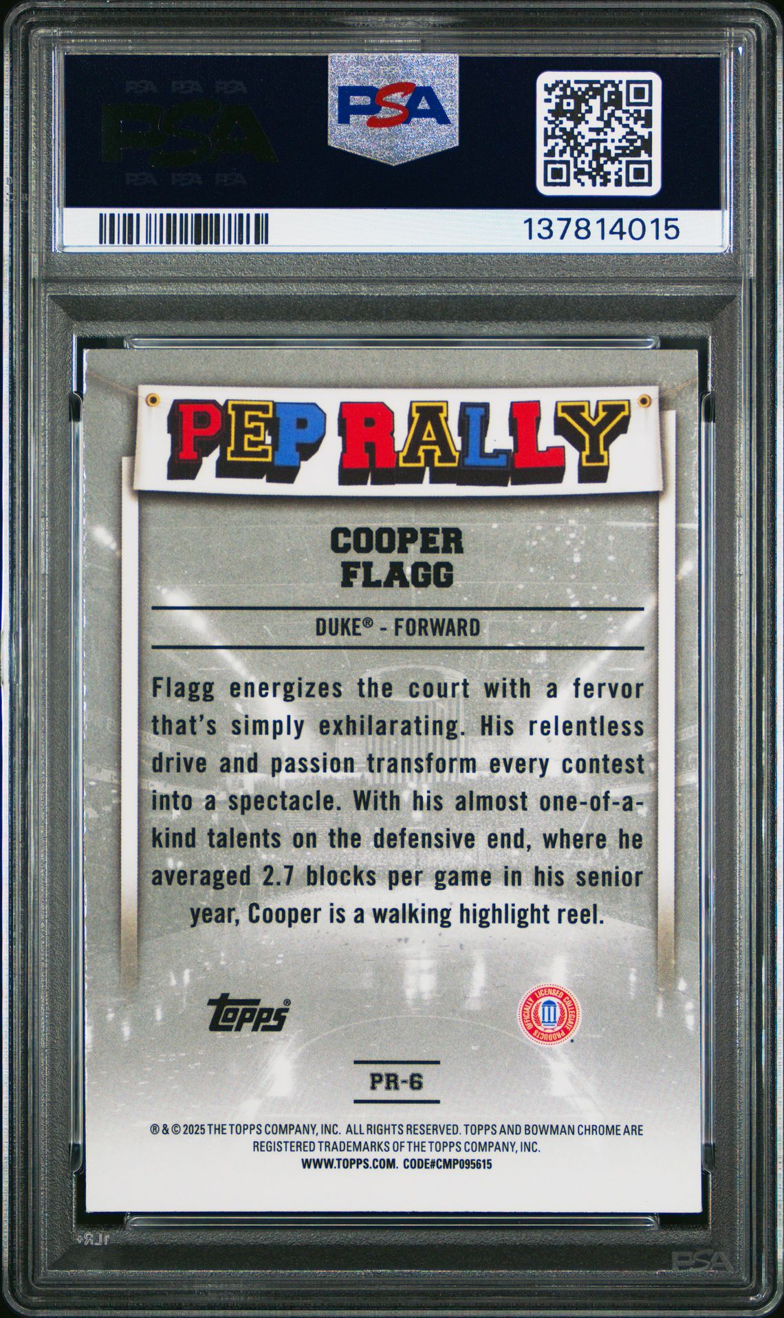 2024 Bowman Chrome University Pep Rally Cooper Flagg #Pr6 Mint 9 back