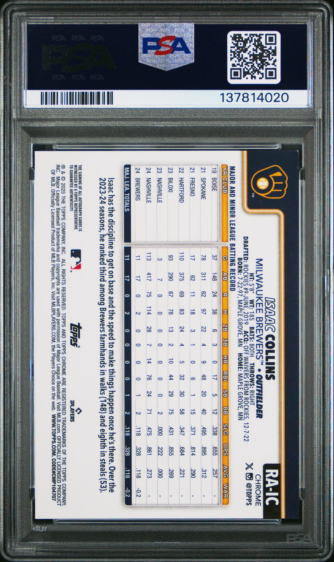 2025 Topps Chrome Rookie Autographs Isaac Collins #Raic (Rookie Auto-Purple Speckle) Mint 9 back