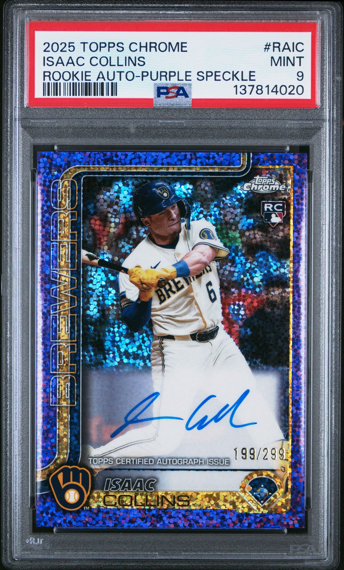 2025 Topps Chrome Rookie Autographs Isaac Collins #Raic (Rookie Auto-Purple Speckle) Mint 9 front