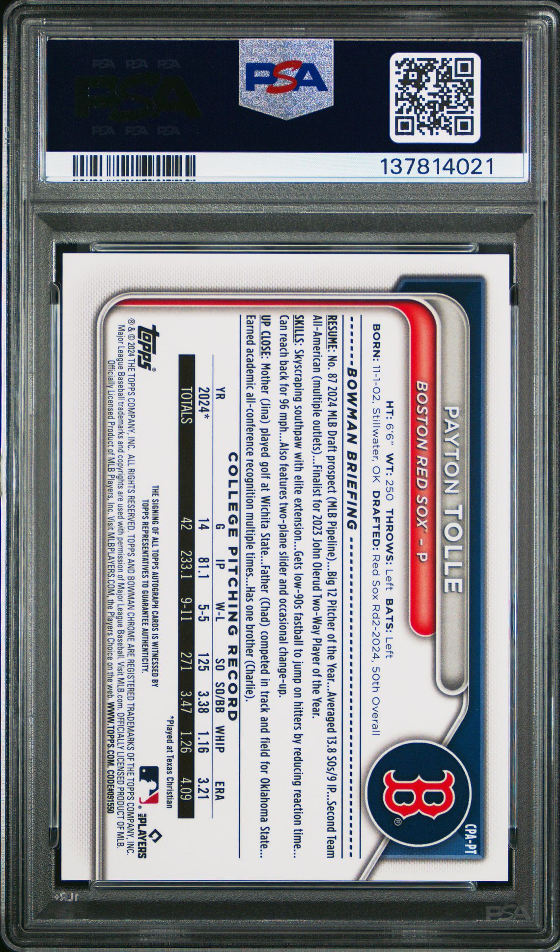 2024 Bowman Draft Chrome Prospect Autographs Payton Tolle #Cpapt Gem Mt 10 back