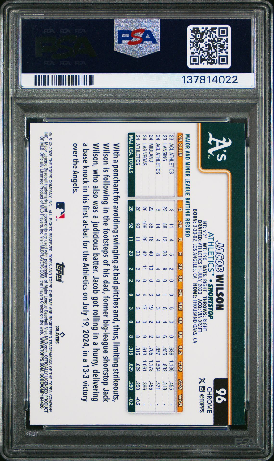 2025 Topps Chrome Logofractor Edition Jacob Wilson #96 (Blue Refractor) Gem Mt 10 back