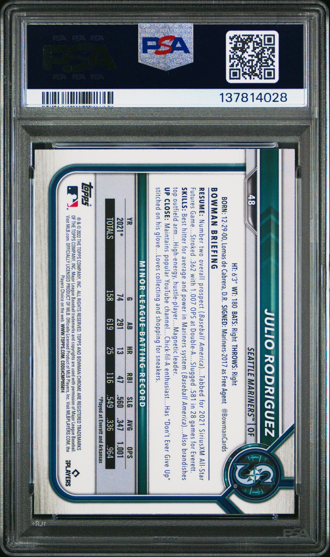 2022 Bowman Chrome Julio Rodriguez #48 Mint 9 back