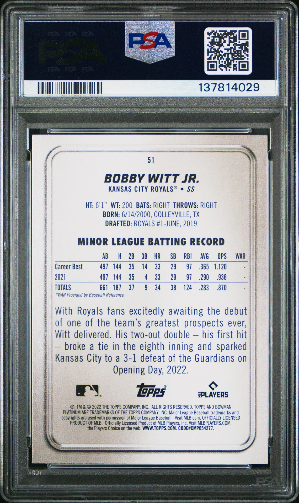 2022 Bowman Platinum Bobby Witt Jr. #51 (Ice Foilboard) Gem Mt 10 back
