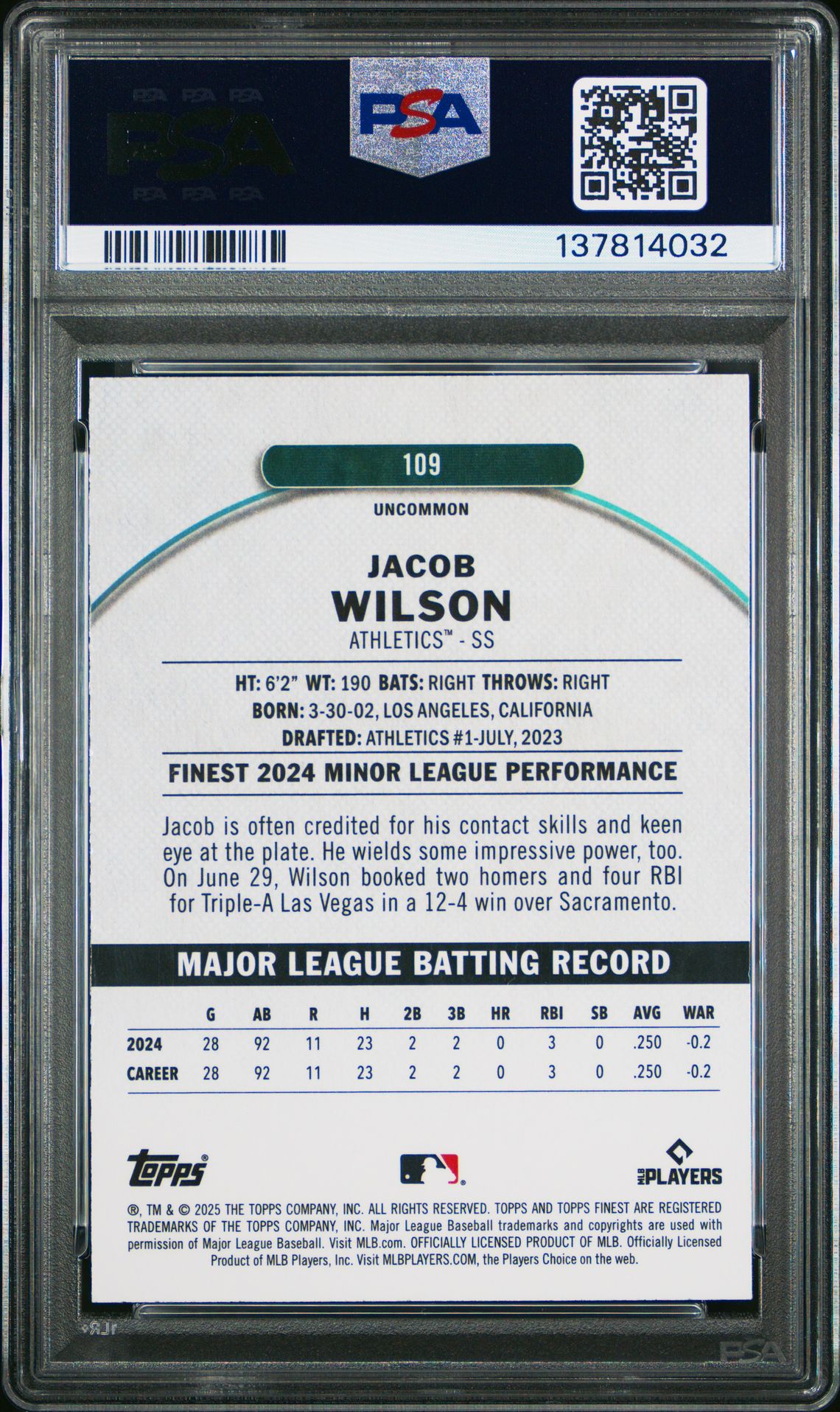 2025 Topps Finest Jacob Wilson #109 (Blue Refractor) Mint 9 back