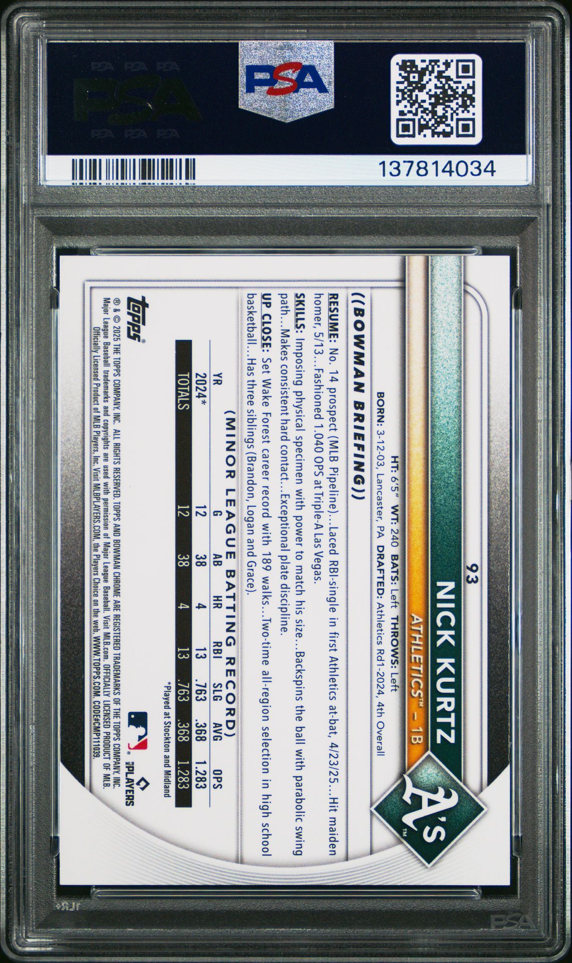 2025 Bowman Chrome Mega Box Nick Kurtz #93 (Aqua Refractor) Gem Mt 10 back