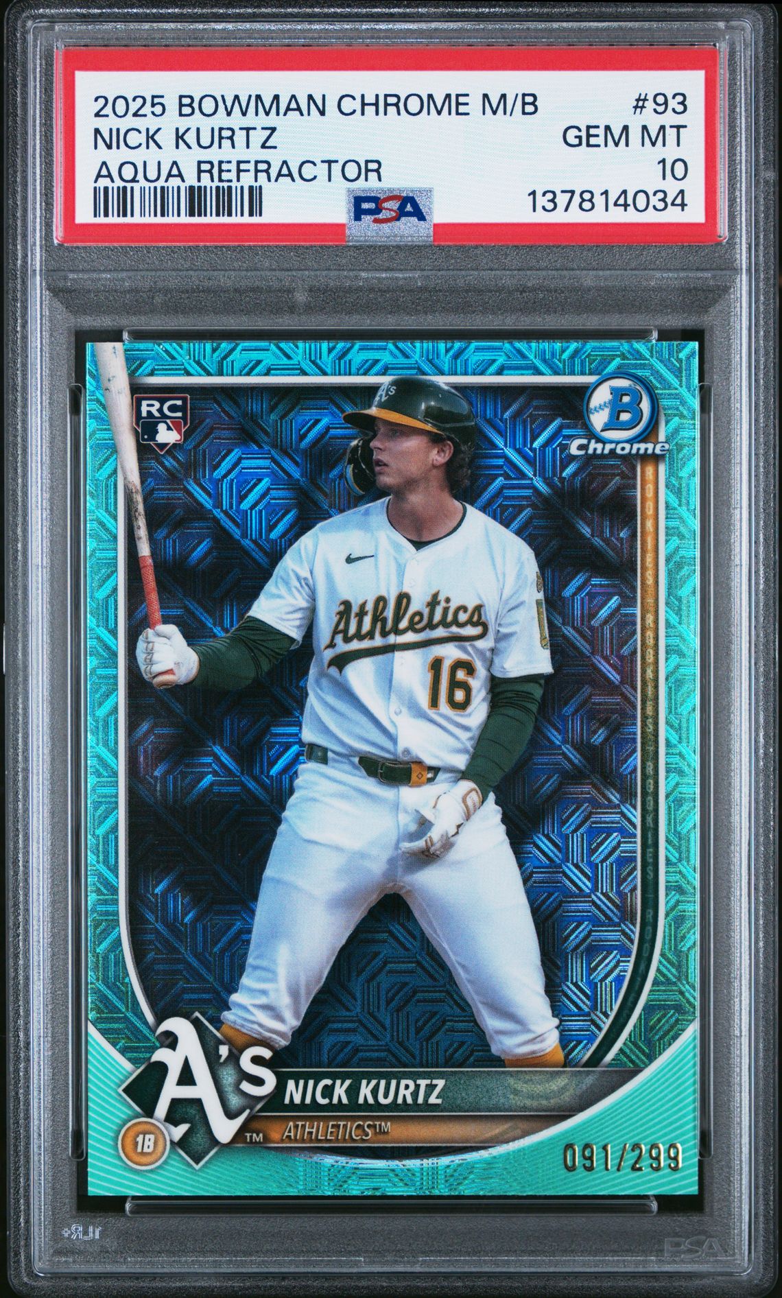 2025 Bowman Chrome Mega Box Nick Kurtz #93 (Aqua Refractor) Gem Mt 10 front