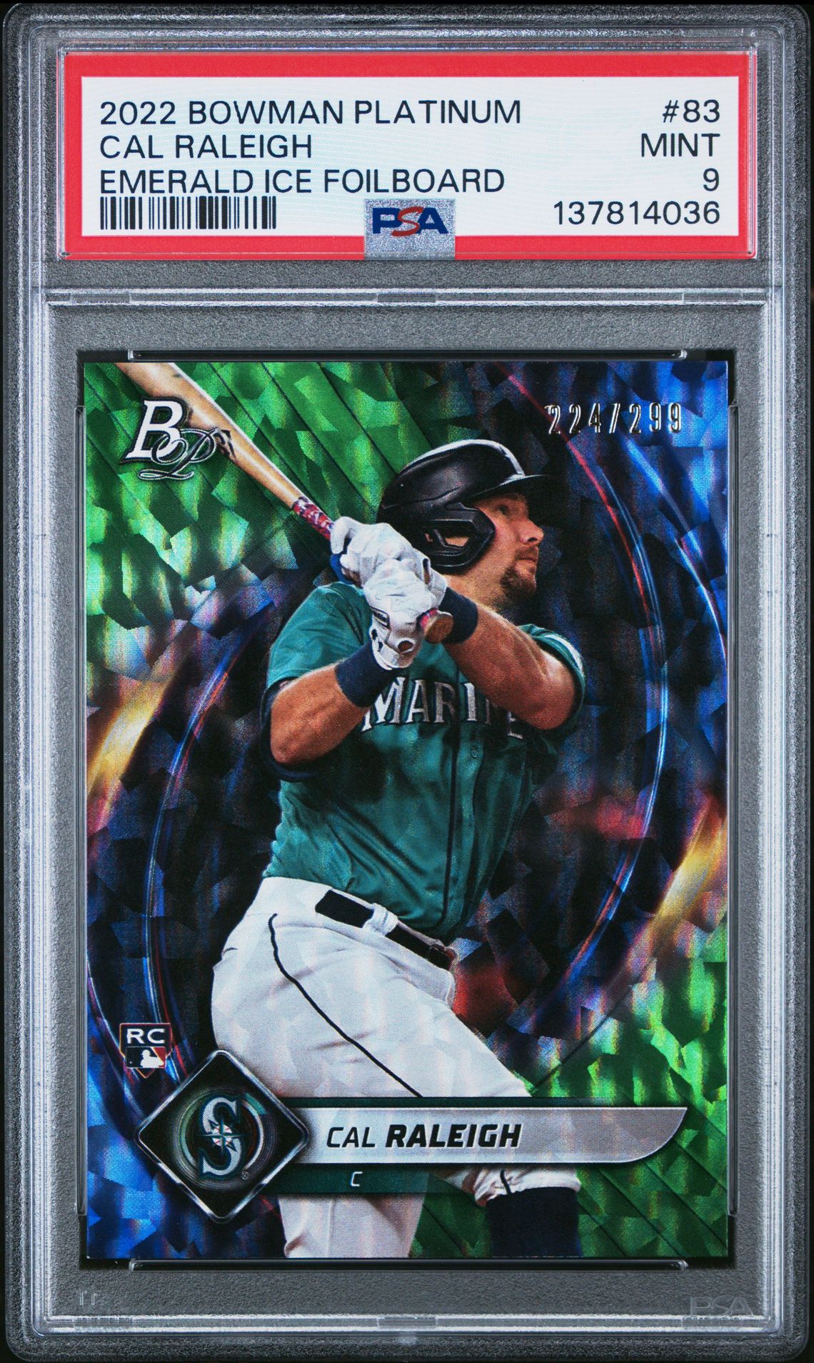 2022 Bowman Platinum Cal Raleigh #83 (Emerald Ice Foilboard) Mint 9 front