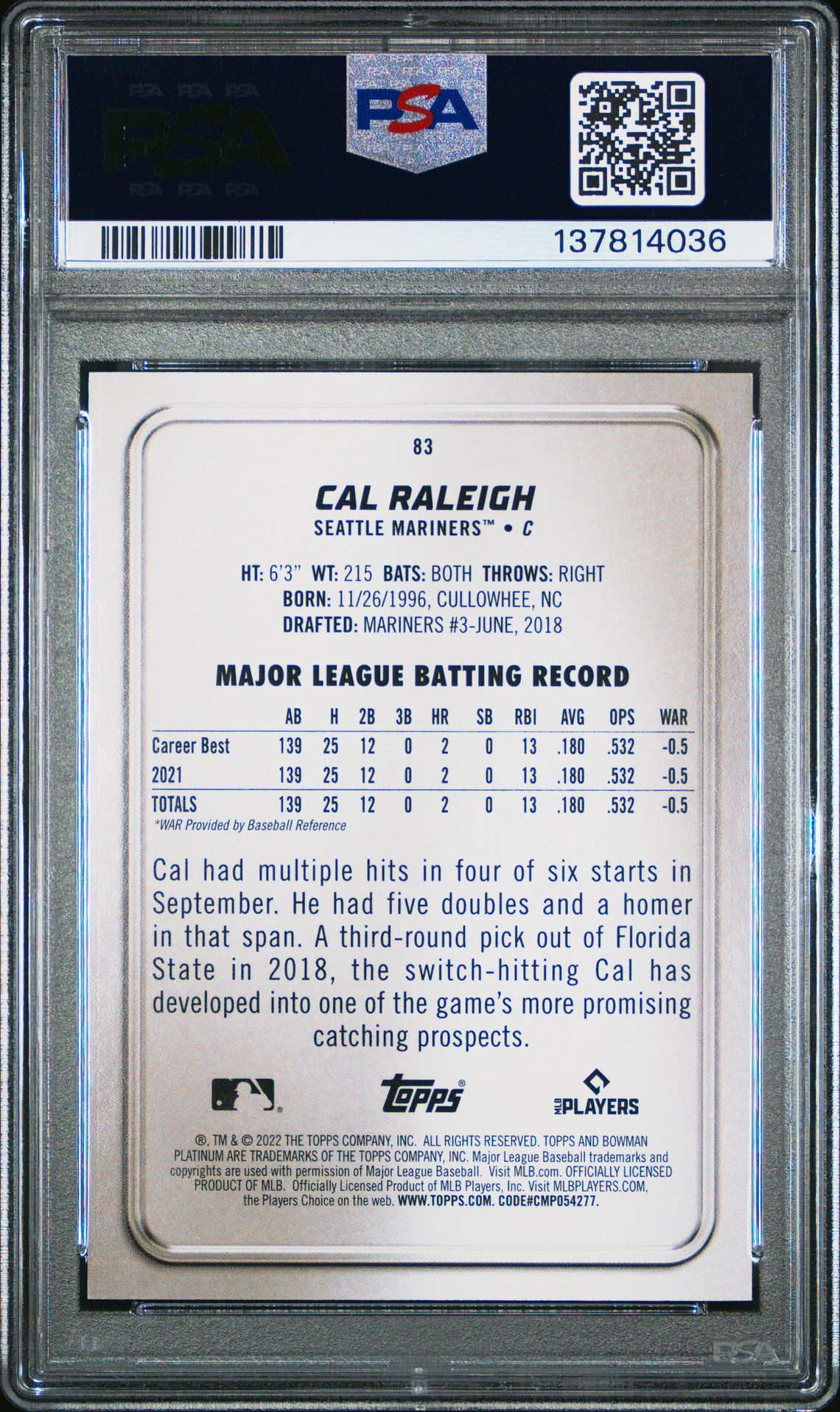 2022 Bowman Platinum Cal Raleigh #83 (Emerald Ice Foilboard) Mint 9 back
