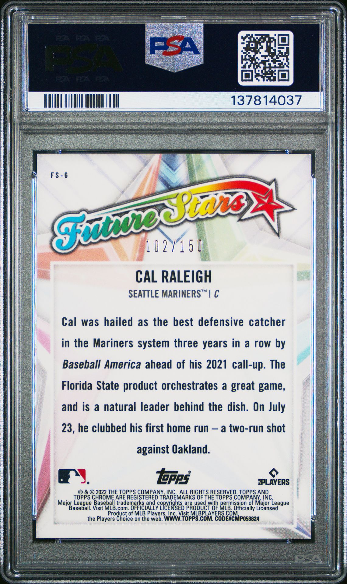 2022 Topps Chrome Logofractor Edition Future Stars Cal Raleigh #Fs6 (Future Stars-Blue) Gem Mt 10 back