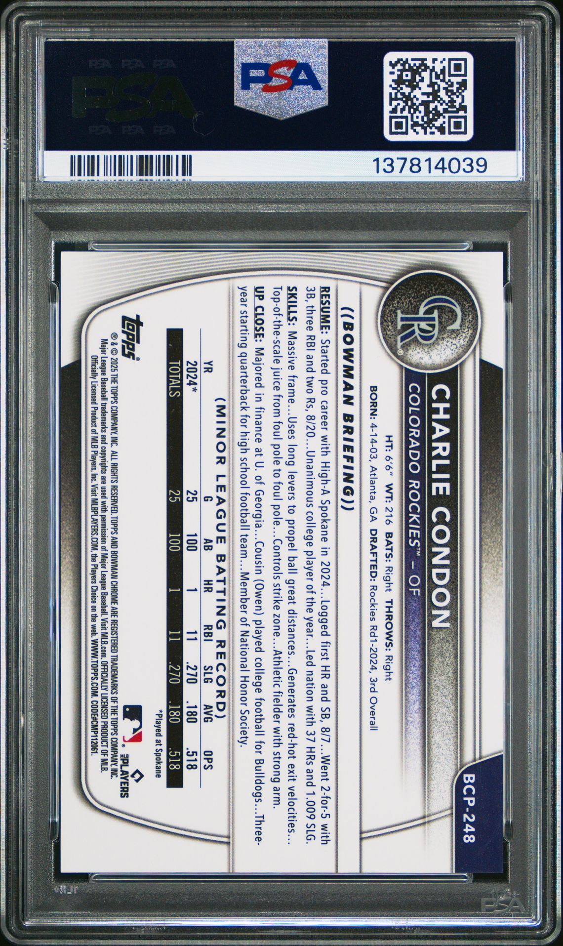 2025 Bowman Chrome Prospects Charlie Condon #Bcp248 (Prospects-Orange Geometric) Mint 9 back