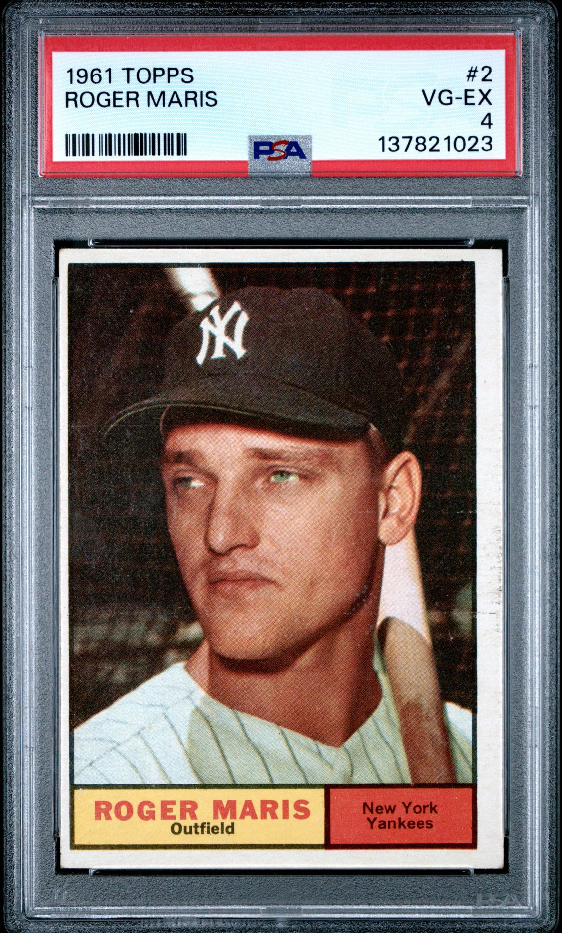 1961Brand/TitleTOPPSSubjectROGER MARISCard Number2CategoryBASEBALL CARDSSet RegistryThis cert does not appear in any sets.Note: If you believe the label on your cert or the item information listed above appears to be incorrect, please file a Label Correction Request through the Customer Request Center.CompanyAbout UsPSA CareersPress & MediaAppsResourcesPSA SalesAdvertise With UsForumsArticlesAffiliatesCollectorsCard LadderLong Beach ExpoPSA JapanPrivacy & TermsPrivacyYour Privacy ChoicesPSA GuaranteeTerms & ConditionsSupportHelp & SupportRequest CenterFind My PackageFAQ© 2026 Collectors Holdings, Inc. All rights reserved.United States (English)requestAnimationFrame(function(){$RT=performance.now()});SearchBaseball Cards1961 ToppsRoger Maris #2Cert #126089239$RB=[];$RV=function(a){$RT=performance.now();for(var b=0;b<a.length;b+=2){var c=a[b],e=a[b+1];null!==e.parentNode&&e.parentNode.removeChild(e);var f=c.parentNode;if(f){var g=c.previousSibling,h=0;do{if(c&&8===c.nodeType){var d=c.data;if("/$"===d||"/&"===d)if(0===h)break;else h--;else"$"!==d&&"$?"!==d&&"$~"!==d&&"$!"!==d&&"&"!==d||h++}d=c.nextSibling;f.removeChild(c);c=d}while(c);for(;e.firstChild;)f.insertBefore(e.firstChild,c);g.data="$";g._reactRetry&&requestAnimationFrame(g._reactRetry)}}a.length=0}; Topps TOPPSSubjectROGER MARISCard Number2CategoryBASEBALL CARDSSet RegistryThis cert does not appear in any sets.Note: If you believe the label on your cert or the item information listed above appears to be incorrect, please file a Label Correction Request through the Customer Request Center.CompanyAbout UsPSA CareersPress & MediaAppsResourcesPSA SalesAdvertise With UsForumsArticlesAffiliatesCollectorsCard LadderLong Beach ExpoPSA JapanPrivacy & TermsPrivacyYour Privacy ChoicesPSA GuaranteeTerms & ConditionsSupportHelp & SupportRequest CenterFind My PackageFAQ© 2026 Collectors Holdings, Inc. All rights reserved.United States (English)requestAnimationFrame(function(){$RT=performance.now()});SearchBaseball Cards1961 ToppsRoger Maris #2Cert #126089239$RB=[];$RV=function(a){$RT=performance.now();for(var b=0;b<a.length;b+=2){var c=a[b],e=a[b+1];null!==e.parentNode&&e.parentNode.removeChild(e);var f=c.parentNode;if(f){var g=c.previousSibling,h=0;do{if(c&&8===c.nodeType){var d=c.data;if("/$"===d||"/&"===d)if(0===h)break;else h--;else"$"!==d&&"$?"!==d&&"$~"!==d&&"$!"!==d&&"&"!==d||h++}d=c.nextSibling;f.removeChild(c);c=d}while(c);for(;e.firstChild;)f.insertBefore(e.firstChild,c);g.data="$";g._reactRetry&&requestAnimationFrame(g._reactRetry)}}a.length=0}; #2CategoryBASEBALL CARDSSet RegistryThis cert does not appear in any sets.Note: If you believe the label on your cert or the item information listed above appears to be incorrect, please file a Label Correction Request through the Customer Request Center.CompanyAbout UsPSA CareersPress & MediaAppsResourcesPSA SalesAdvertise With UsForumsArticlesAffiliatesCollectorsCard LadderLong Beach ExpoPSA JapanPrivacy & TermsPrivacyYour Privacy ChoicesPSA GuaranteeTerms & ConditionsSupportHelp & SupportRequest CenterFind My PackageFAQ© 2026 Collectors Holdings, Inc. All rights reserved.United States (English)requestAnimationFrame(function(){$RT=performance.now()});SearchBaseball Cards1961 ToppsRoger Maris #2Cert #126089239$RB=[];$RV=function(a){$RT=performance.now();for(var b=0;b<a.length;b+=2){var c=a[b],e=a[b+1];null!==e.parentNode&&e.parentNode.removeChild(e);var f=c.parentNode;if(f){var g=c.previousSibling,h=0;do{if(c&&8===c.nodeType){var d=c.data;if("/$"===d||"/&"===d)if(0===h)break;else h--;else"$"!==d&&"$?"!==d&&"$~"!==d&&"$!"!==d&&"&"!==d||h++}d=c.nextSibling;f.removeChild(c);c=d}while(c);for(;e.firstChild;)f.insertBefore(e.firstChild,c);g.data="$";g._reactRetry&&requestAnimationFrame(g._reactRetry)}}a.length=0}; Roger Maris front